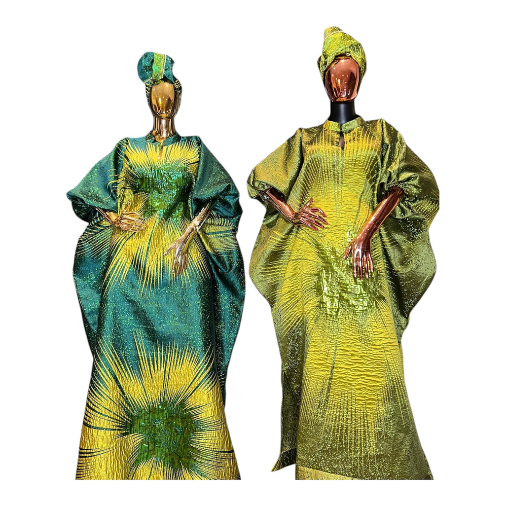 Regal Bloom Brocade Bubu Set 62” Luxury Kaftan with Head Wrap & Inner Belt