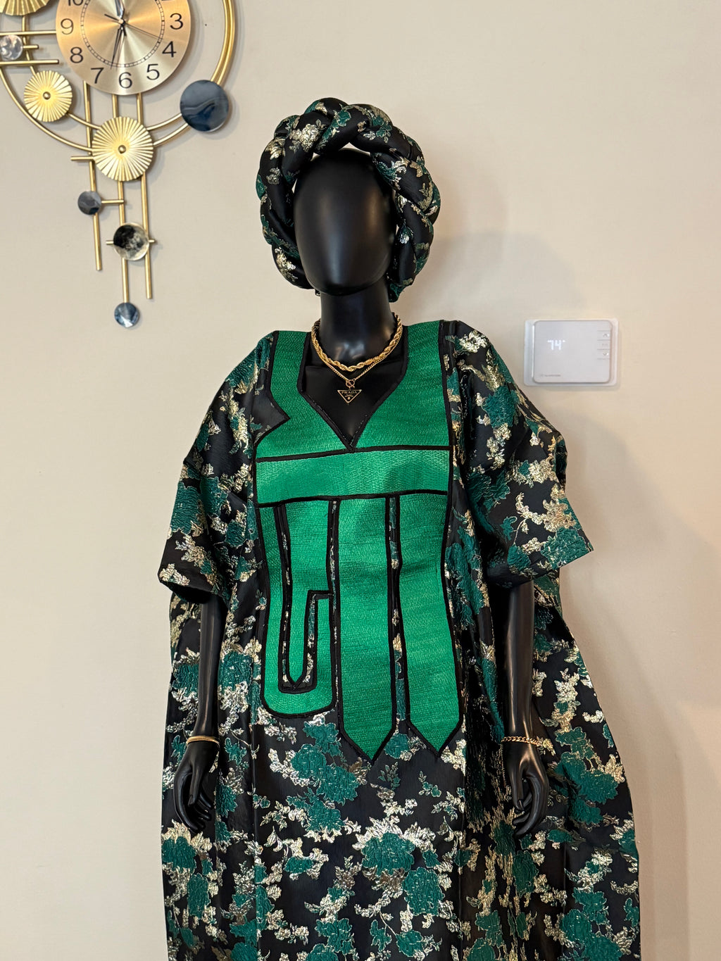 Luxury Embroidered Brocade Bubu Dress – 3-Piece African Kaftan with Head Wrap & Braided Hair Band, 62” Long
