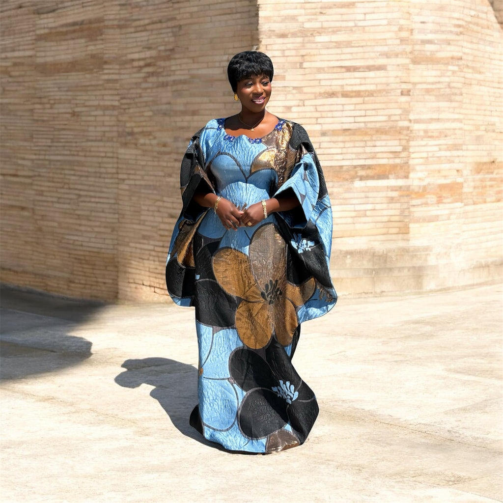 Luxury Off-Shoulder Brocade Boubou Dress with Embellished Neckline – One Size, Full Length 62