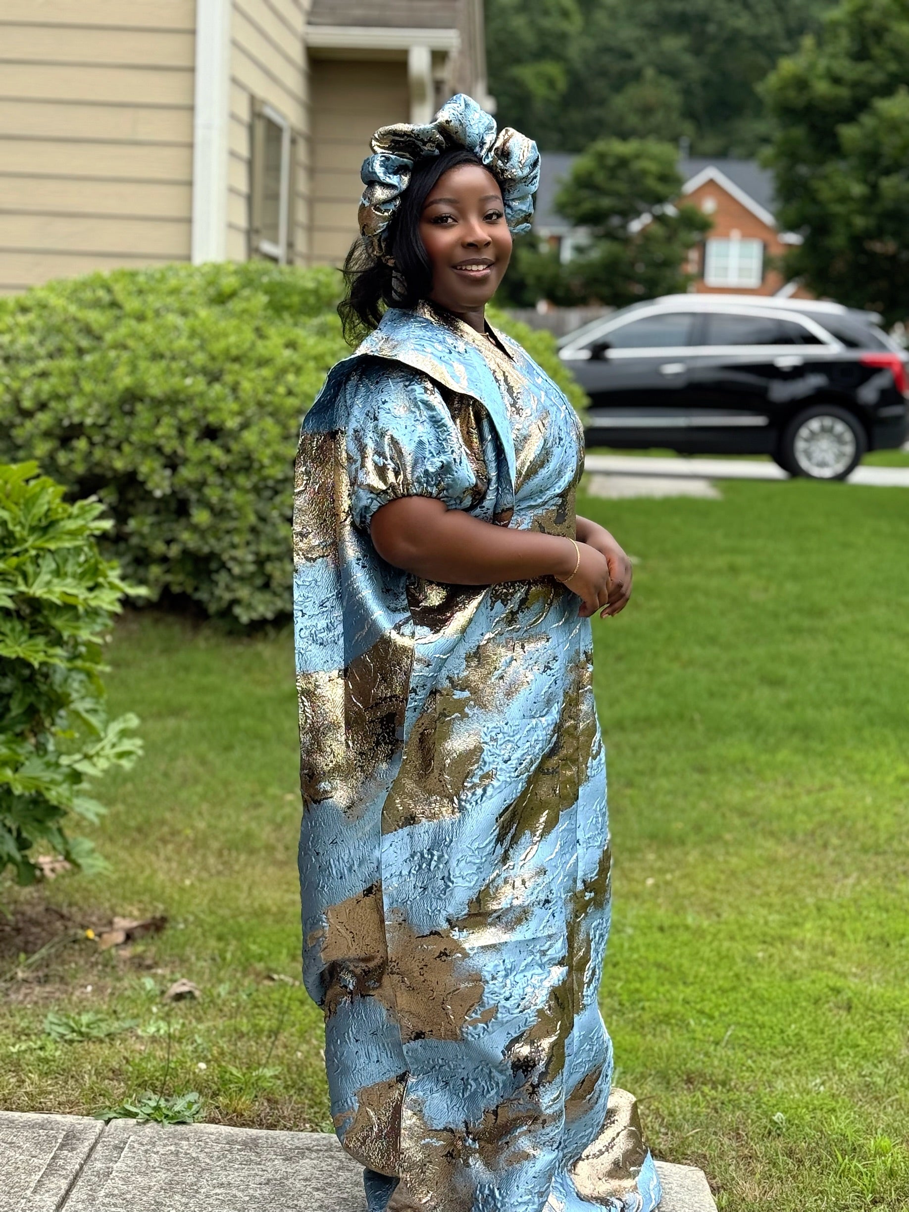 SAMIRA Elegant Brocade Bubu Set – 65” Length with Belt, Head Wrap & Scrunchie