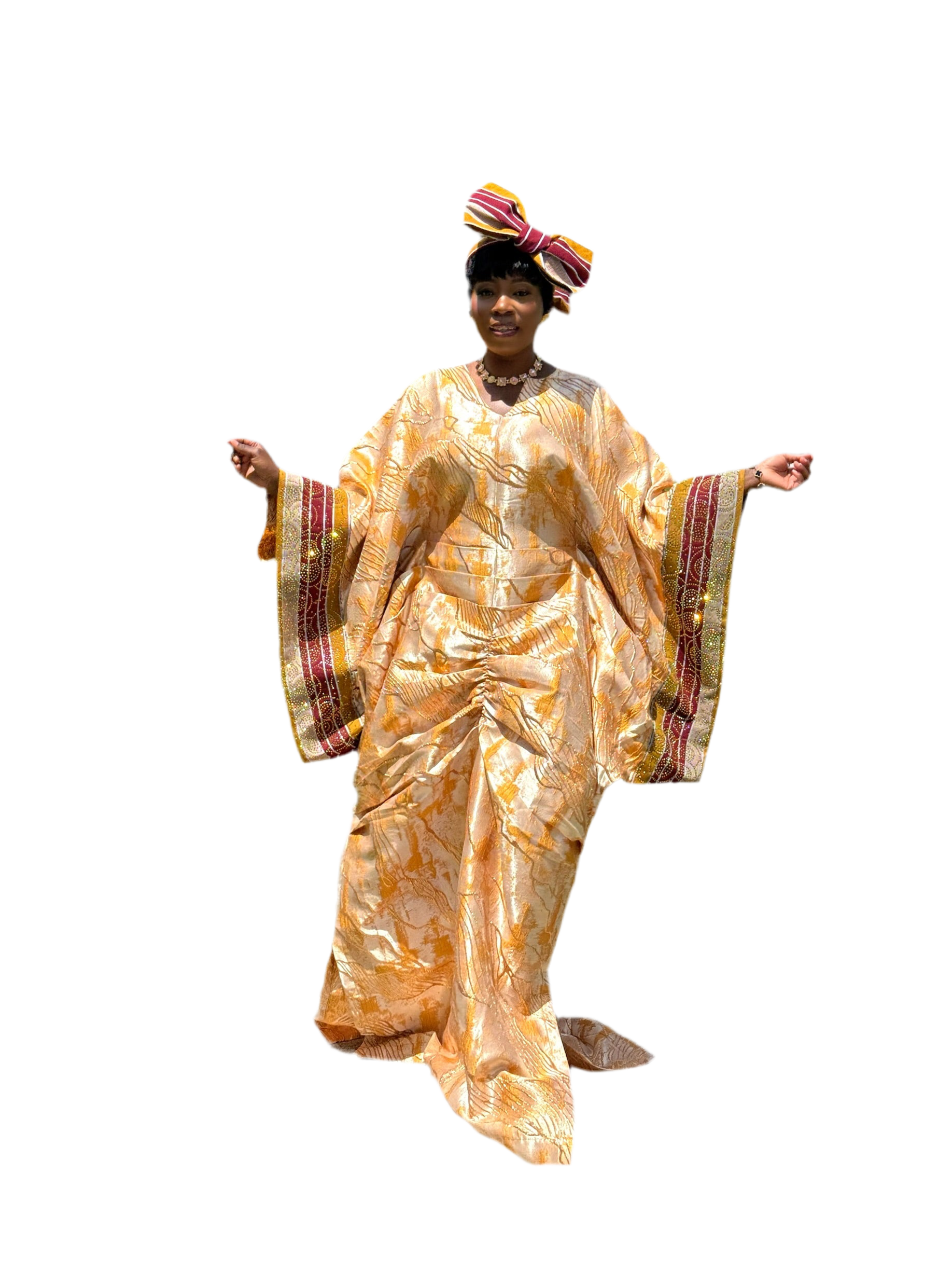 Omotola Luxe Bubu – Brocade Elegance with Beaded Aso-Oke Sleeves & Headpiece