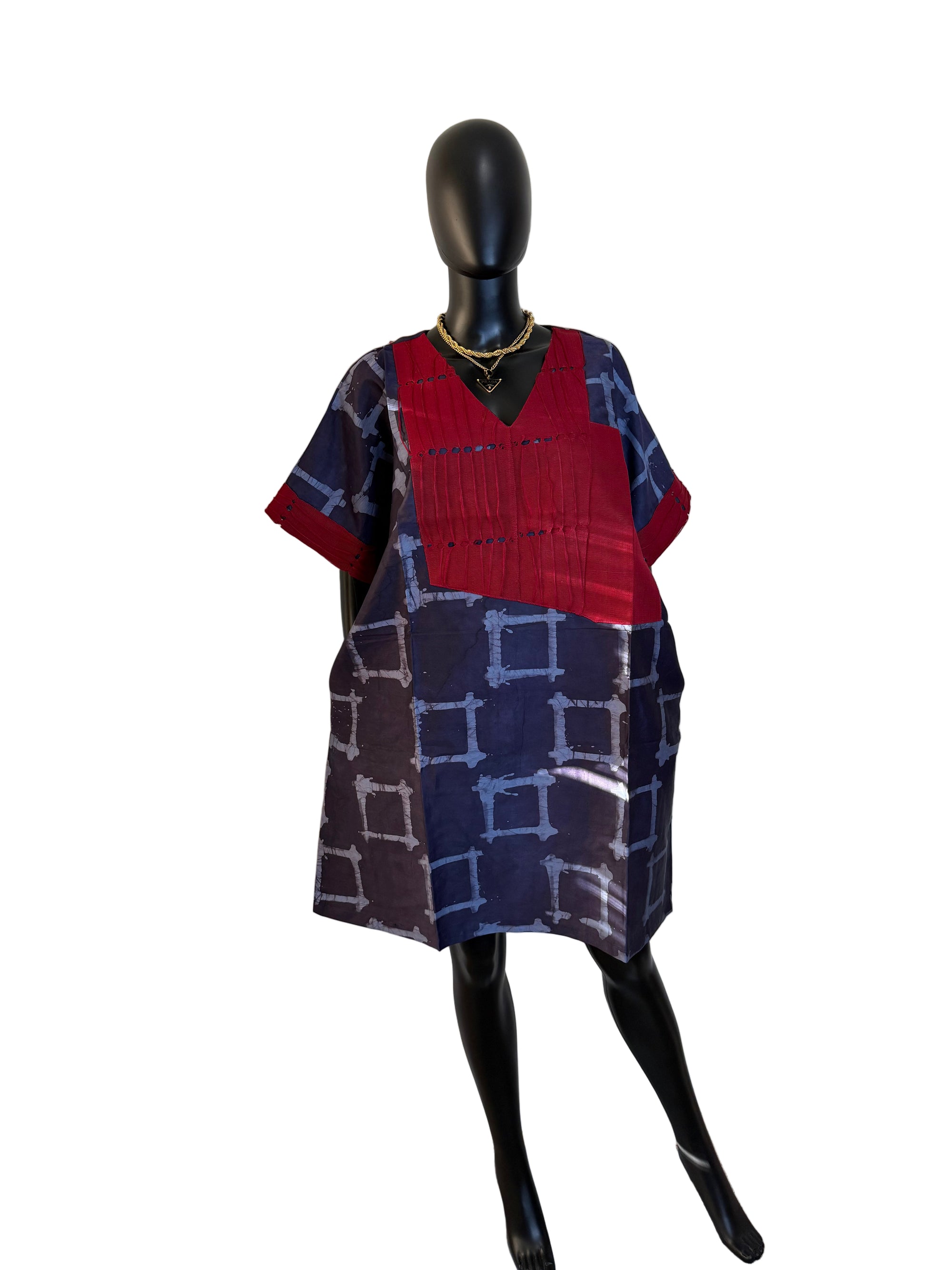 Chic Short Bubu Adire Dress with Aso Oke Detail – One Size, 100% Cotton