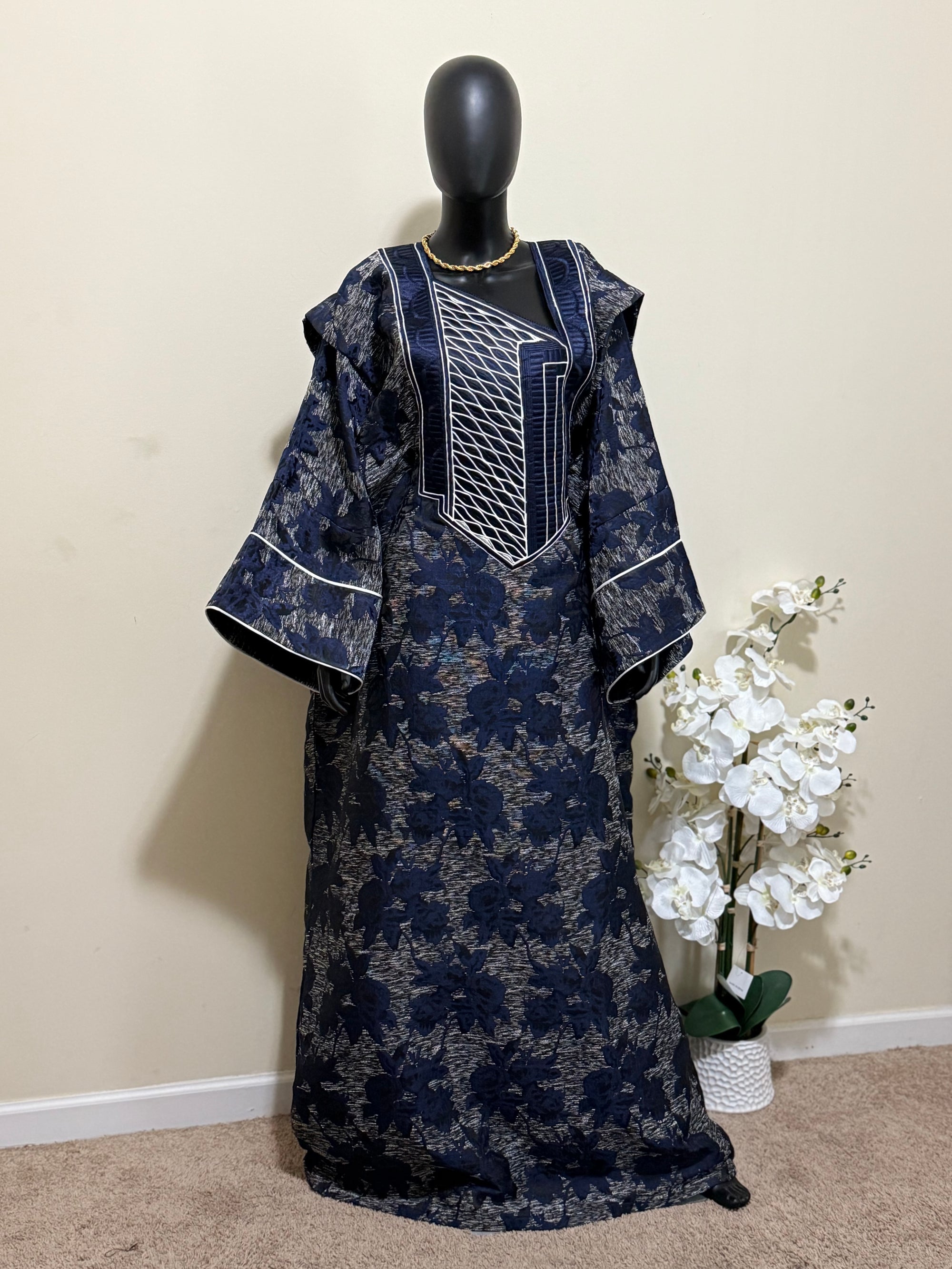 Luxury Embroidered Full-Sleeve Bubu with Head Wrap – 65” Length