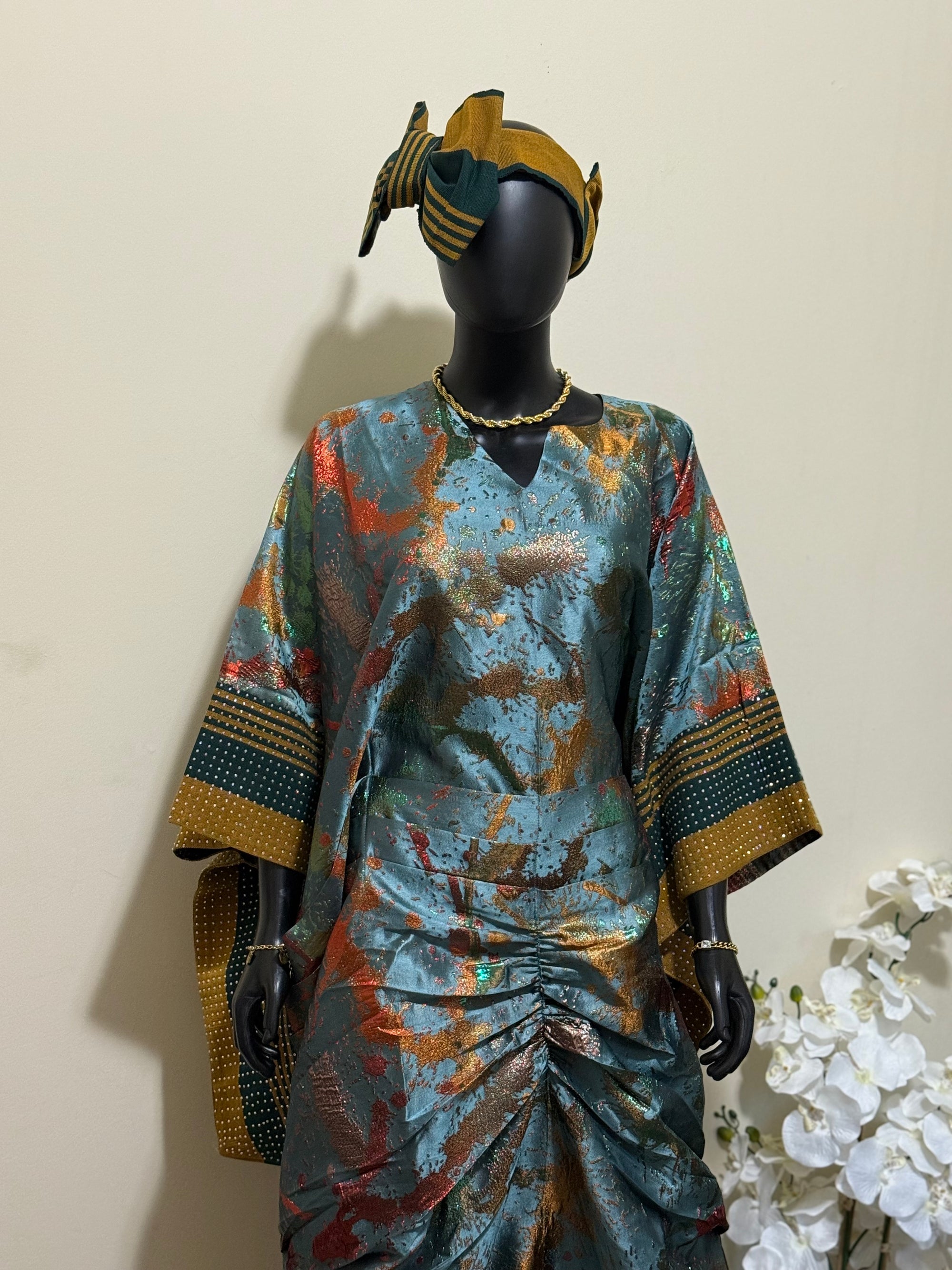 Omotola Luxe Bubu – Brocade Elegance with Beaded Aso-Oke Sleeves & Headpiece