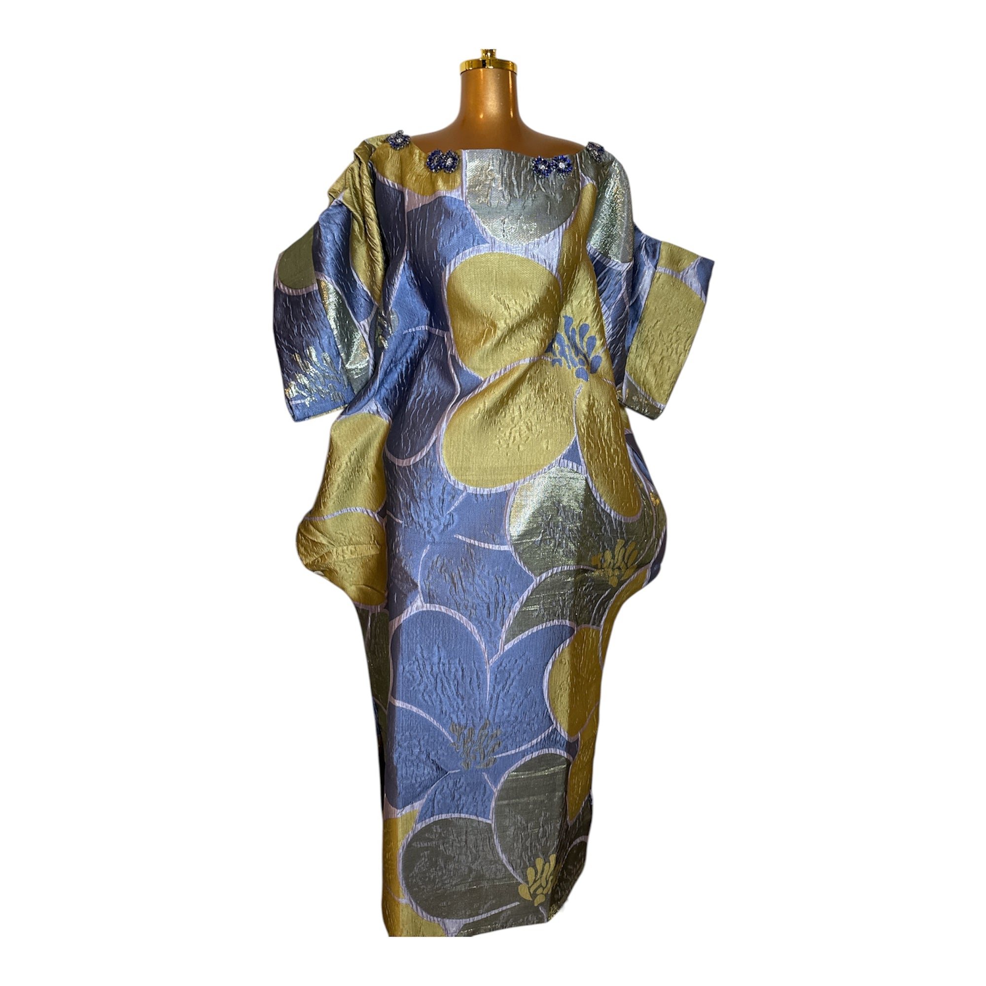 Luxury Off-Shoulder Brocade Boubou Dress with Embellished Neckline – One Size, Full Length 62