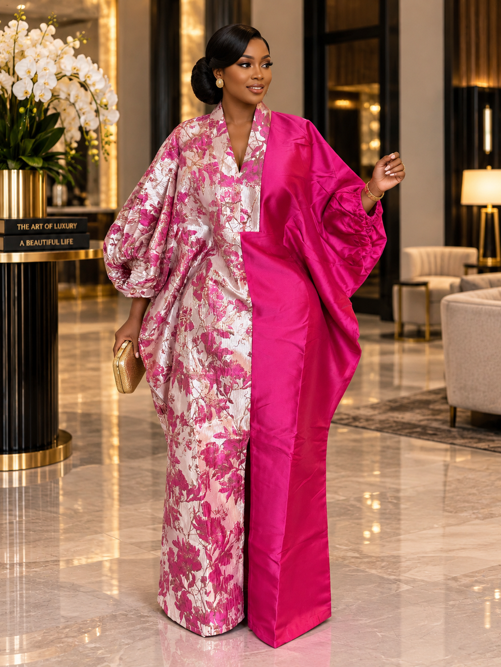 Luxury Two-Tone Mikado & Brocade Bubu Dress | Elegant African Kaftan | One Size Fits All