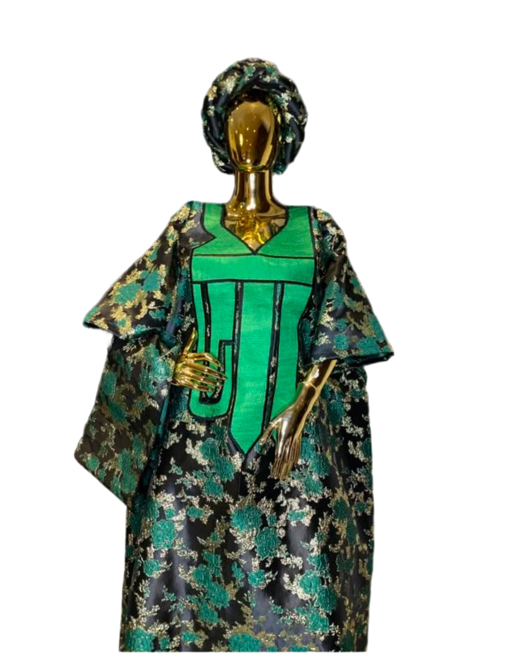 Luxury Embroidered Brocade Bubu Dress – 3-Piece African Kaftan with Head Wrap & Braided Hair Band, 62” Long