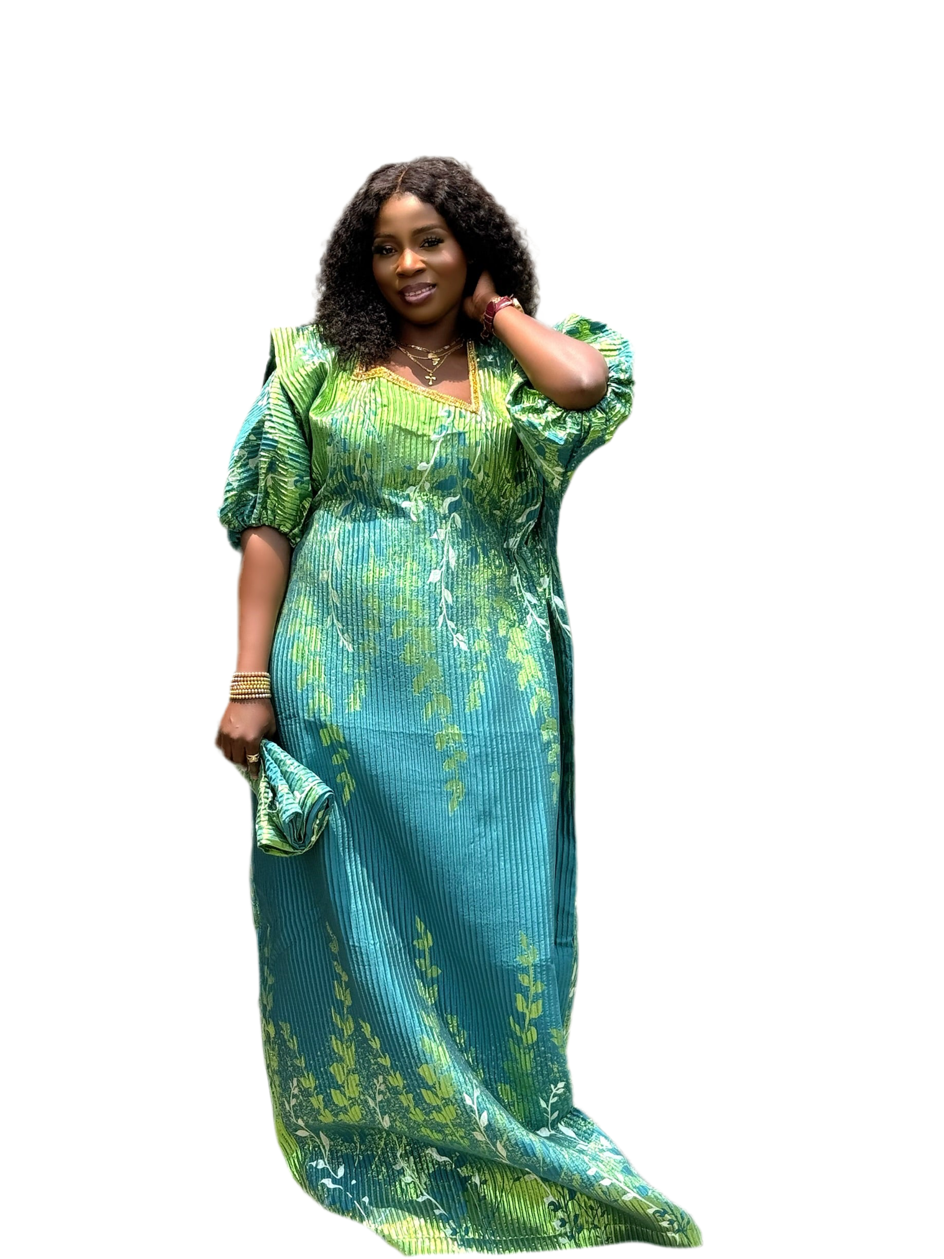 Luxury Brocade Boubou with Puff Sleeves & Headwrap – One Size Fits All