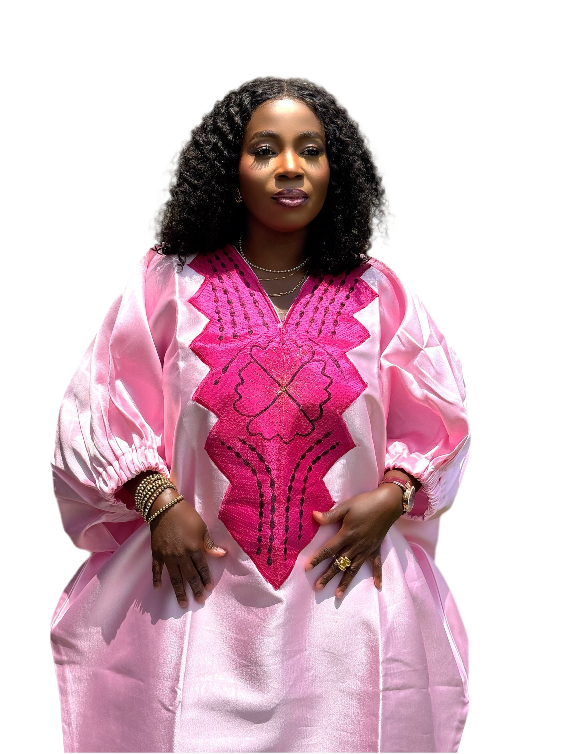 MARA Luxury Mikado Bubu Gown with Puff Sleeves & Embroidered Neckline – 65” + Head Wrap