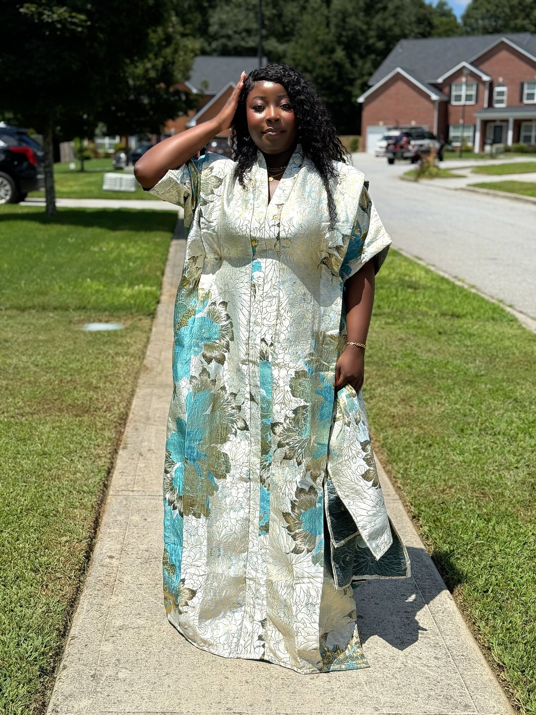 Morounkeji Brocade Bubu Dress | 62” Long African Kaftan with Inner Belt, Head Scarf, Pockets & Side Slits