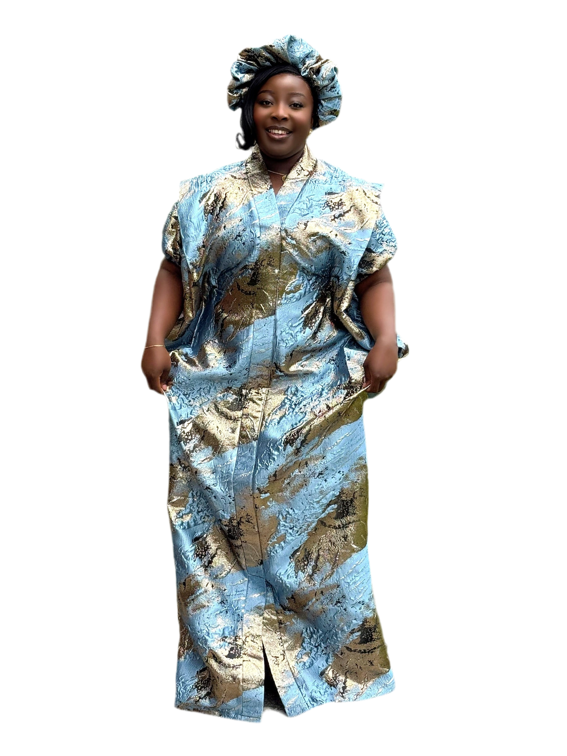 SAMIRA Elegant Brocade Bubu Set – 65” Length with Belt, Head Wrap & Scrunchie