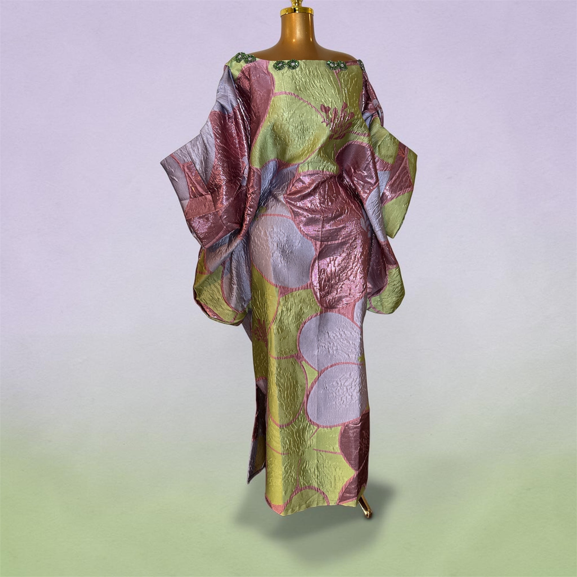 Luxury Off-Shoulder Brocade Boubou Dress with Embellished Neckline – One Size, Full Length 62