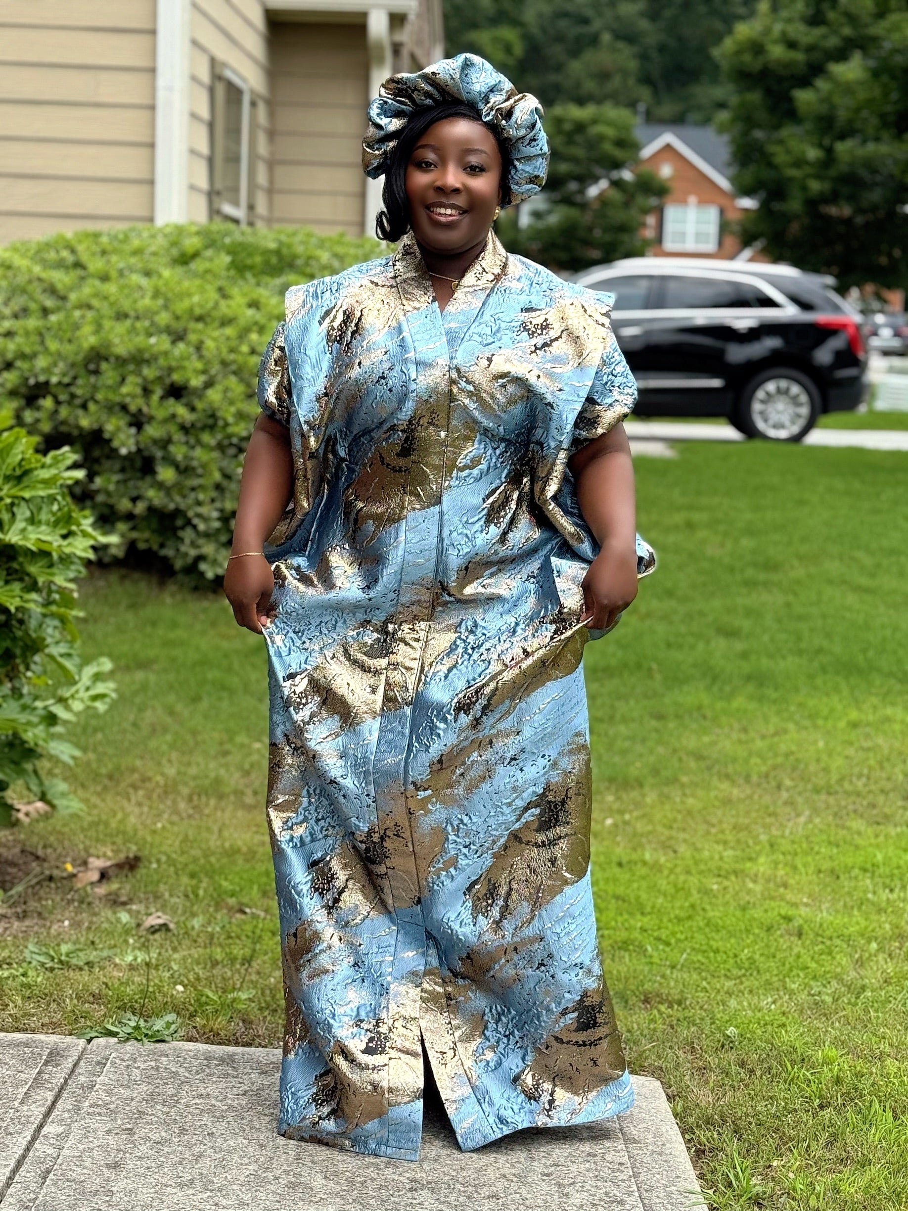 SAMIRA Elegant Brocade Bubu Set – 65” Length with Belt, Head Wrap & Scrunchie