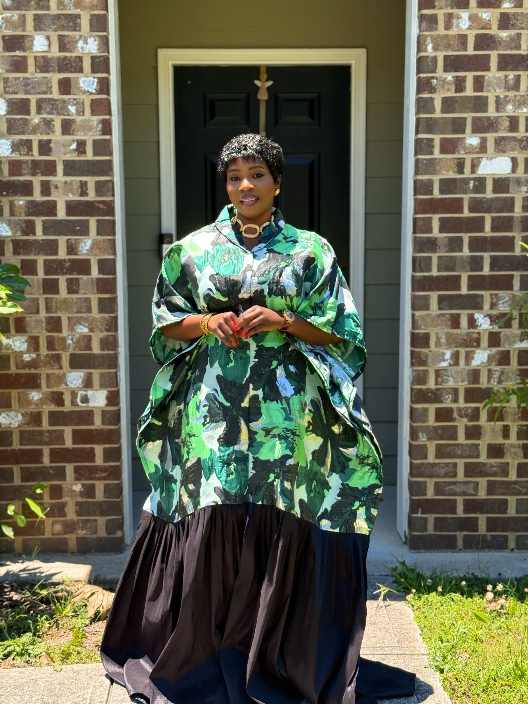 Luxury Brocade Boubou Dress –Ruffle Hem | Elegant African Maxi Dress | One Size Fits All