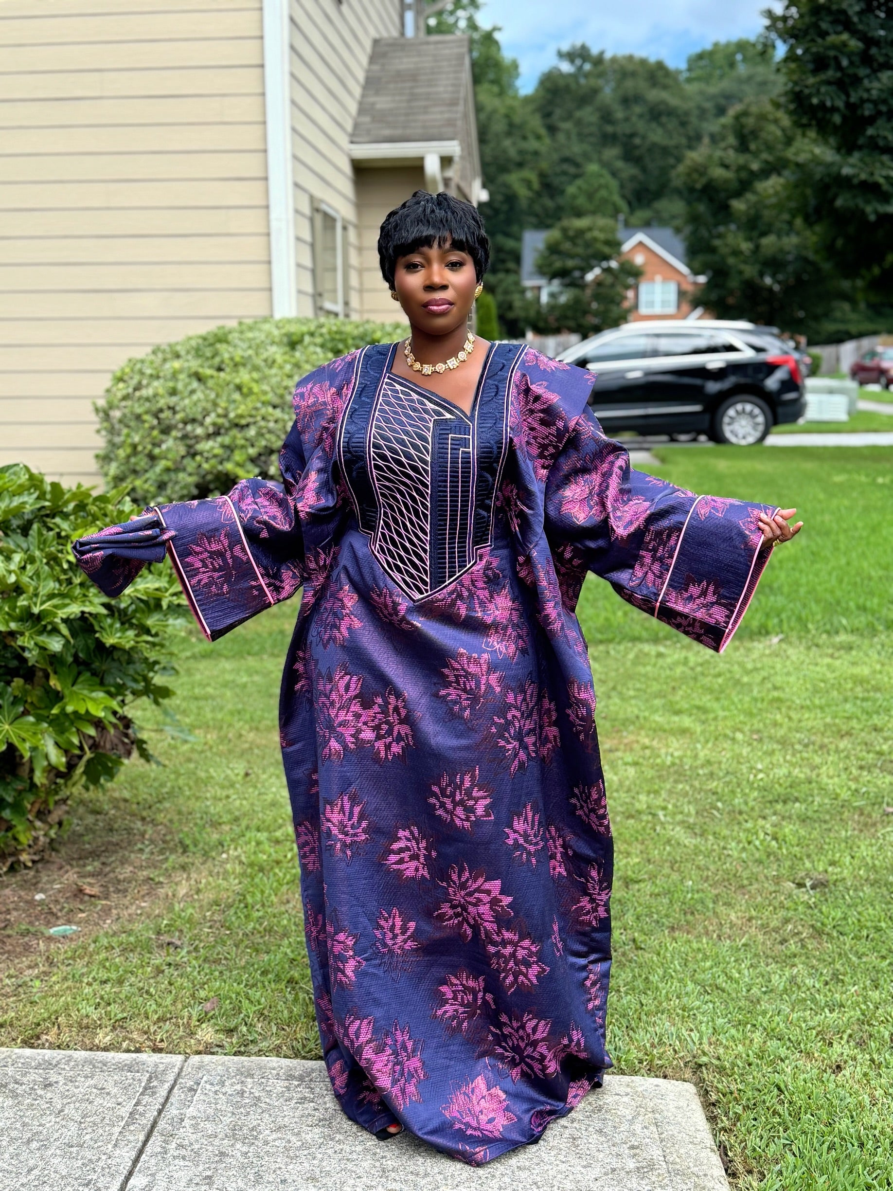 Luxury Embroidered Full-Sleeve Bubu with Head Wrap – 65” Length