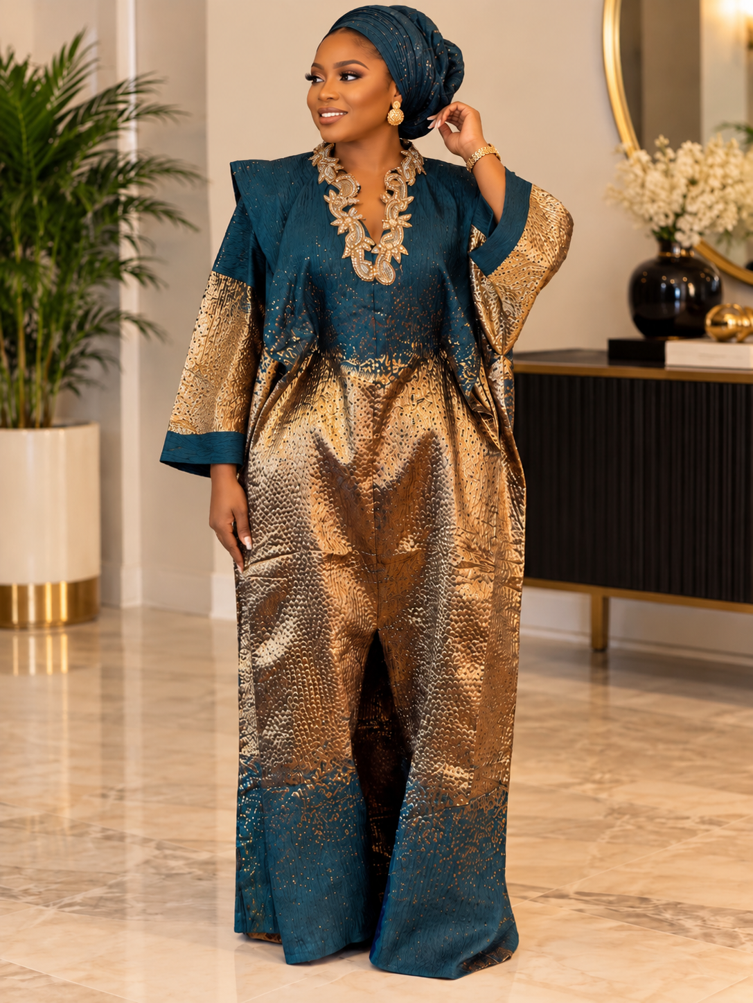 Luxury Brocade Boubou Dress with Head Wrap | Embellished African Kaftan