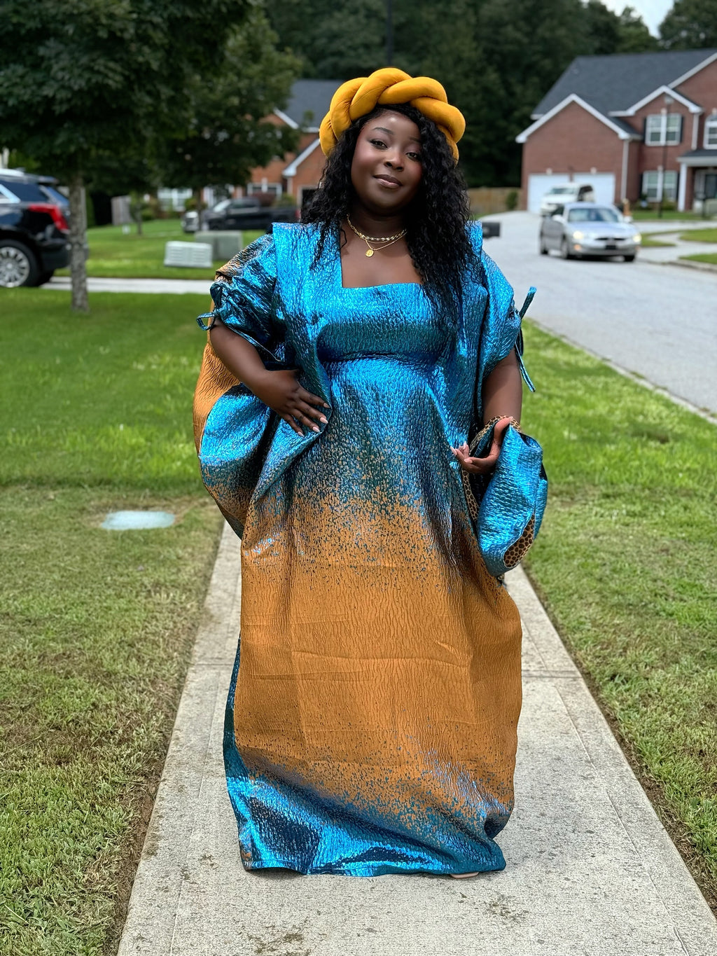 Luxury Blue Brocade Bubu Dress – 3-Piece African Kaftan with Head Wrap & Braided Hair Band, 62” Long, Inner Belt