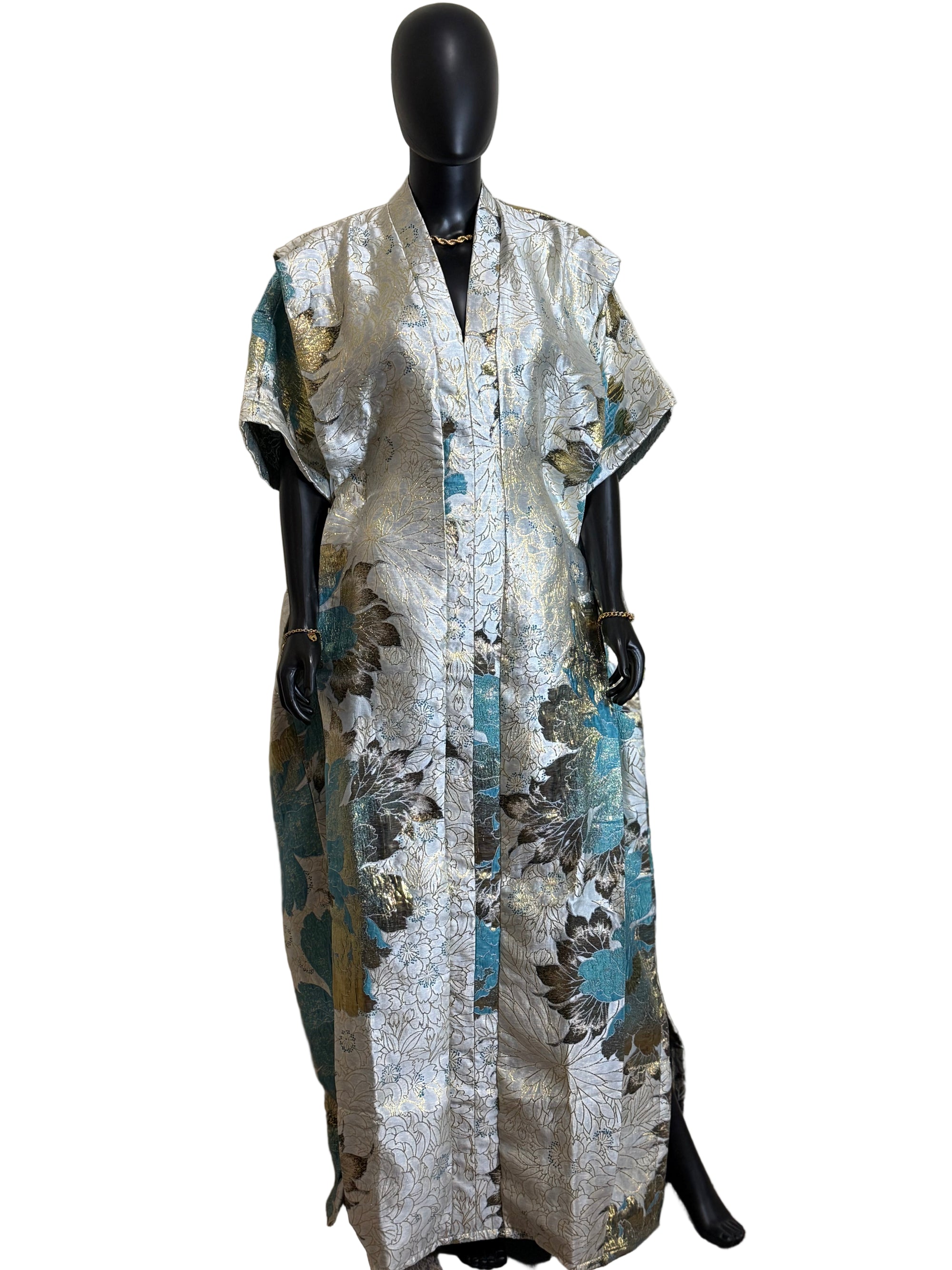 Morounkeji Brocade Bubu Dress | 62” Long African Kaftan with Inner Belt, Head Scarf, Pockets & Side Slits
