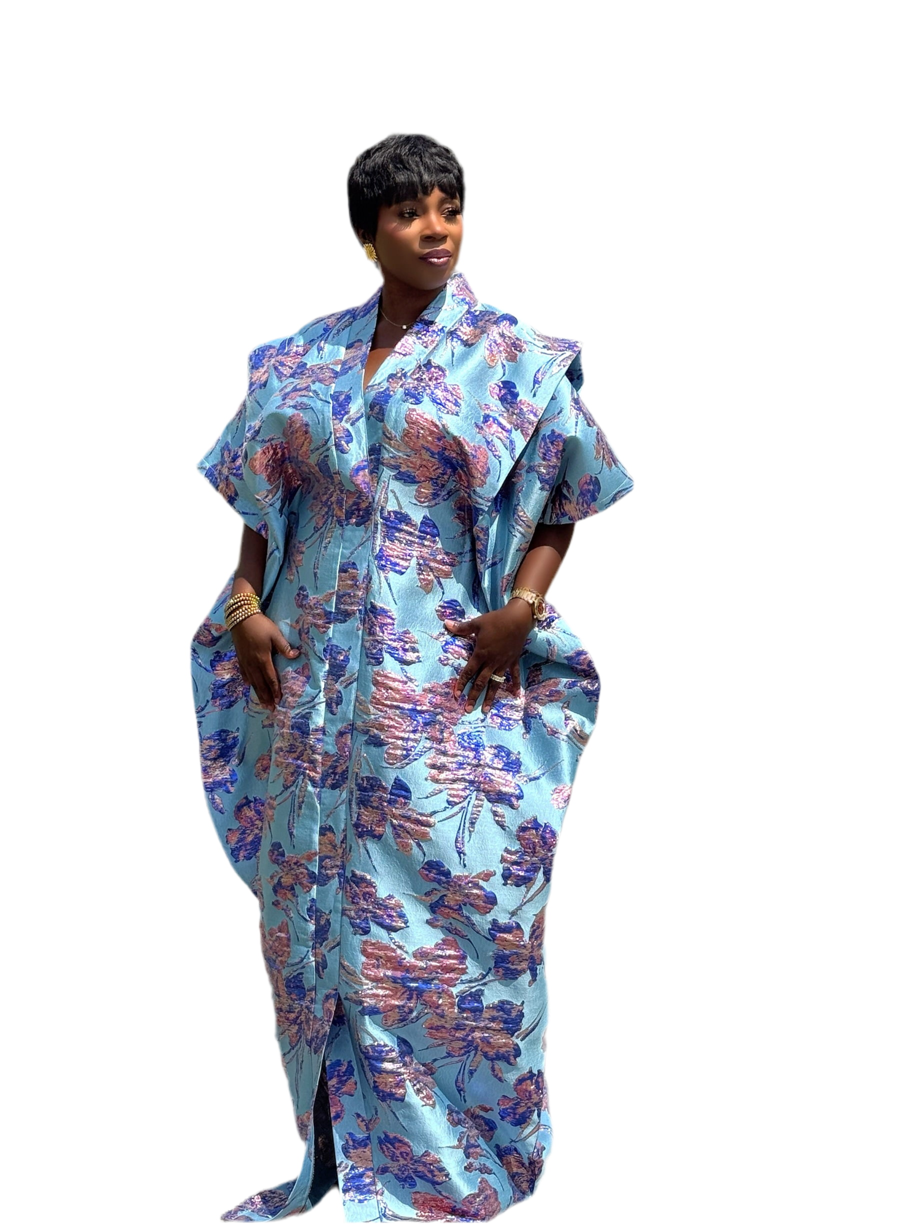 Blue Blossom Brocade Bubu Set – 65” Elegance with Head Scarf & Waist Belt