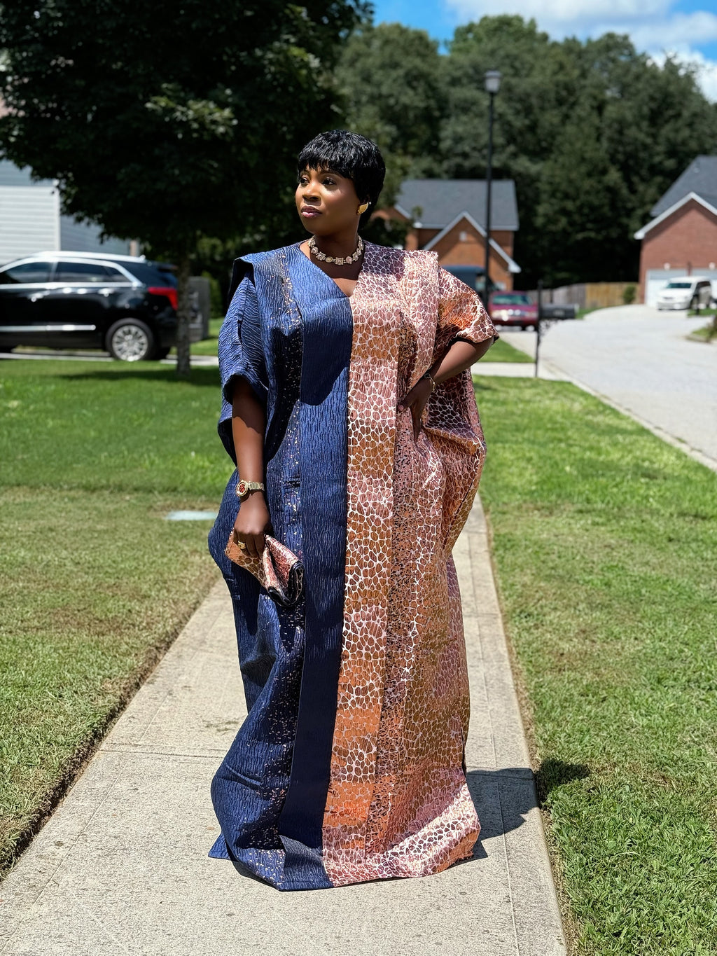 Ombre Brocade Bubu Dress | 62” Long African Kaftan with Inner Belt, Head Scarf,  & Side Slits
