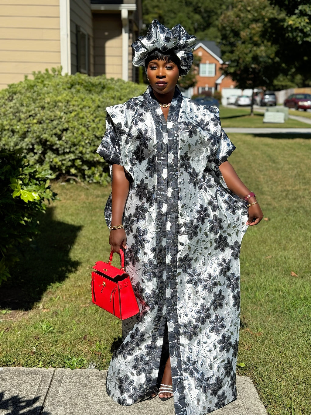 Sakina Brocade 3-Piece Bubu Set with Head Wrap & Scrunchie