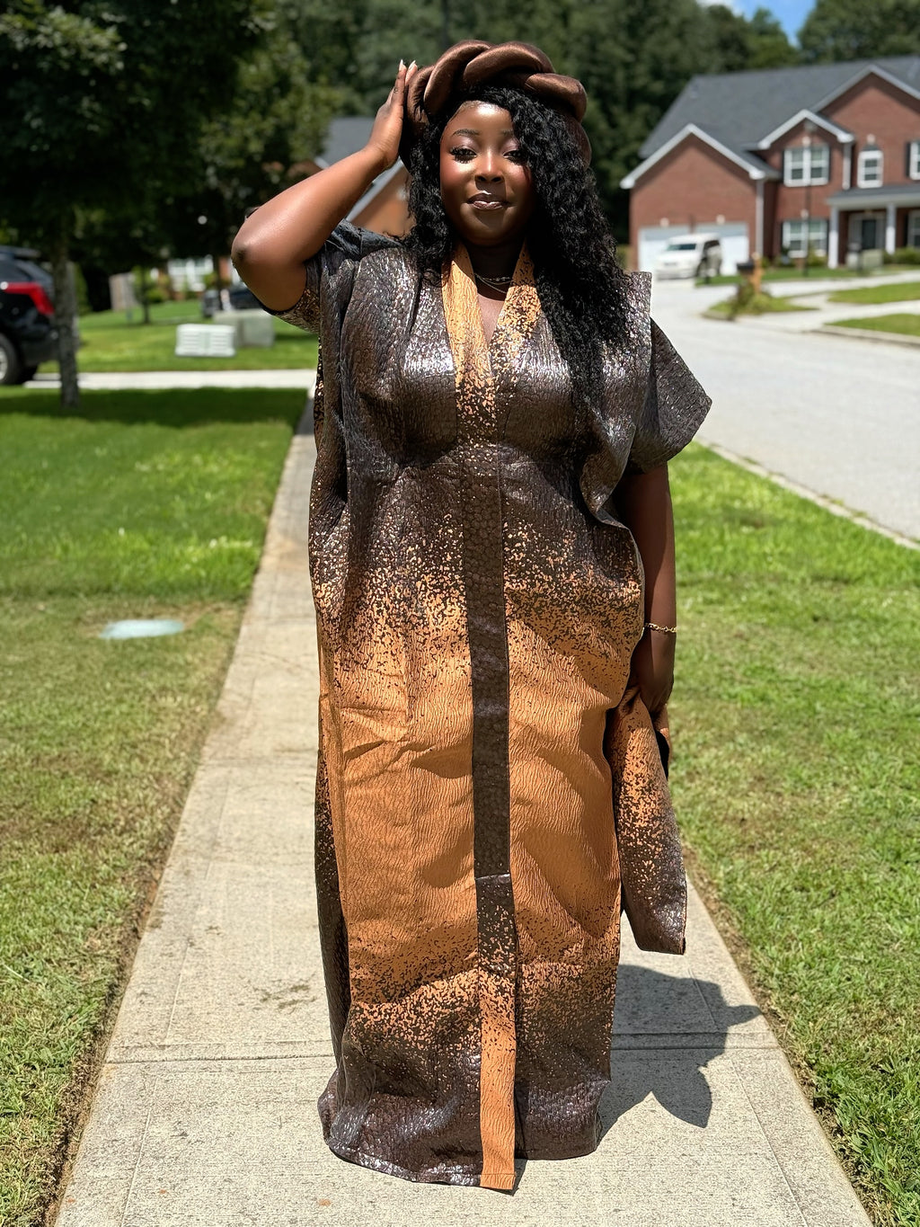 Luxury Brown Brocade Bubu Dress – 3-Piece African Kaftan with Head Wrap & Braided Hair Band, 62” Long, Side Pockets, Inner Belt