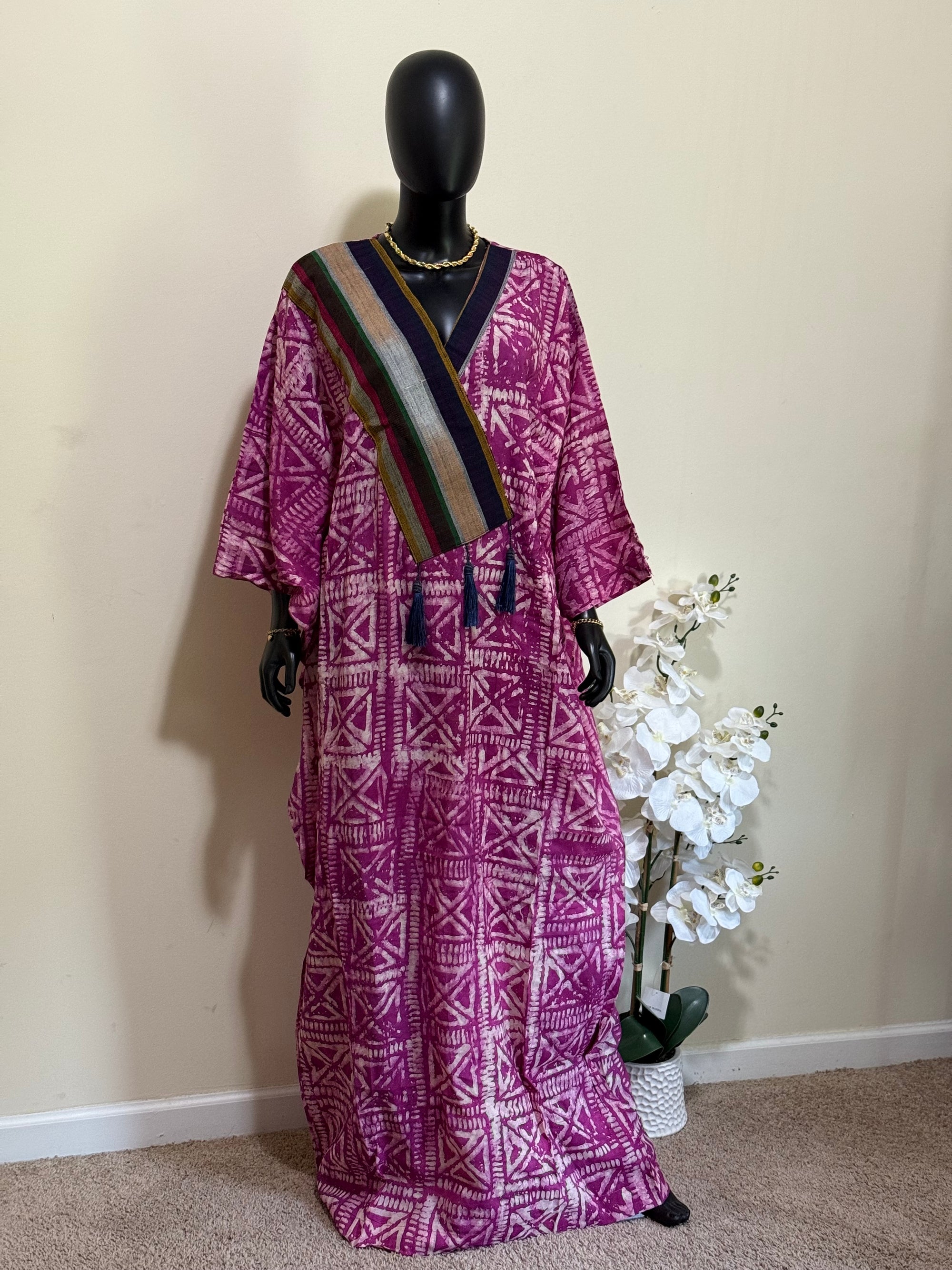 Elegant Cotton Adire Bubu with Asoke Neckline Design – 62” with Scarf