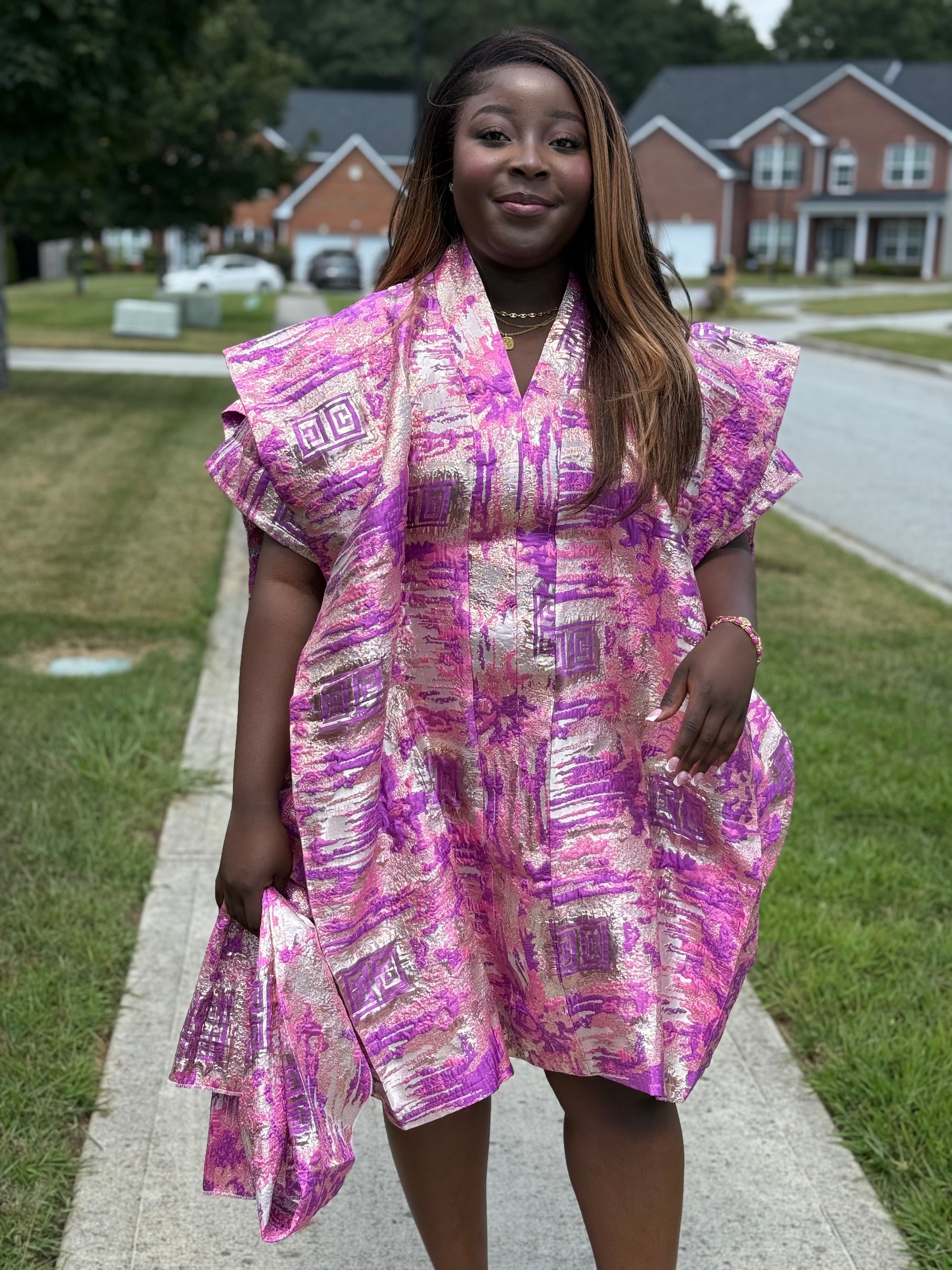 Chic Brocade Short Bubu with Hidden Belt & Head Wrap