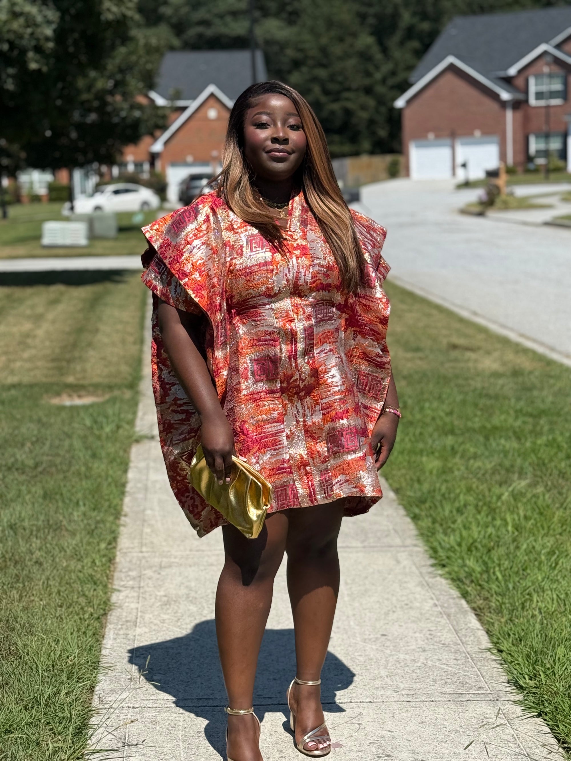 Chic Brocade Short Bubu with Hidden Belt & Head Wrap