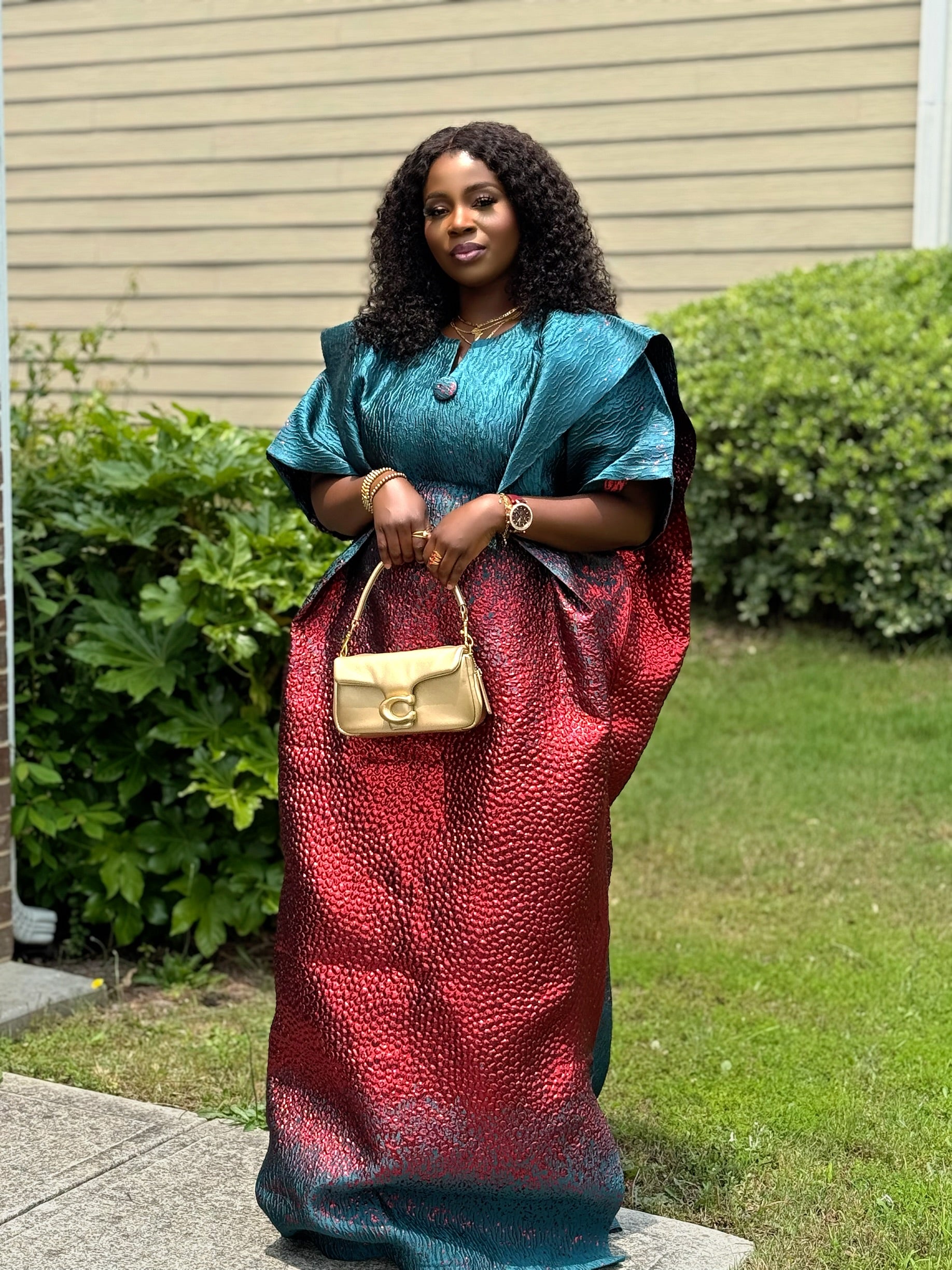 RAKIA Regal Pleated Brocade Bubu with Headscarf – Teal & Crimson Elegance