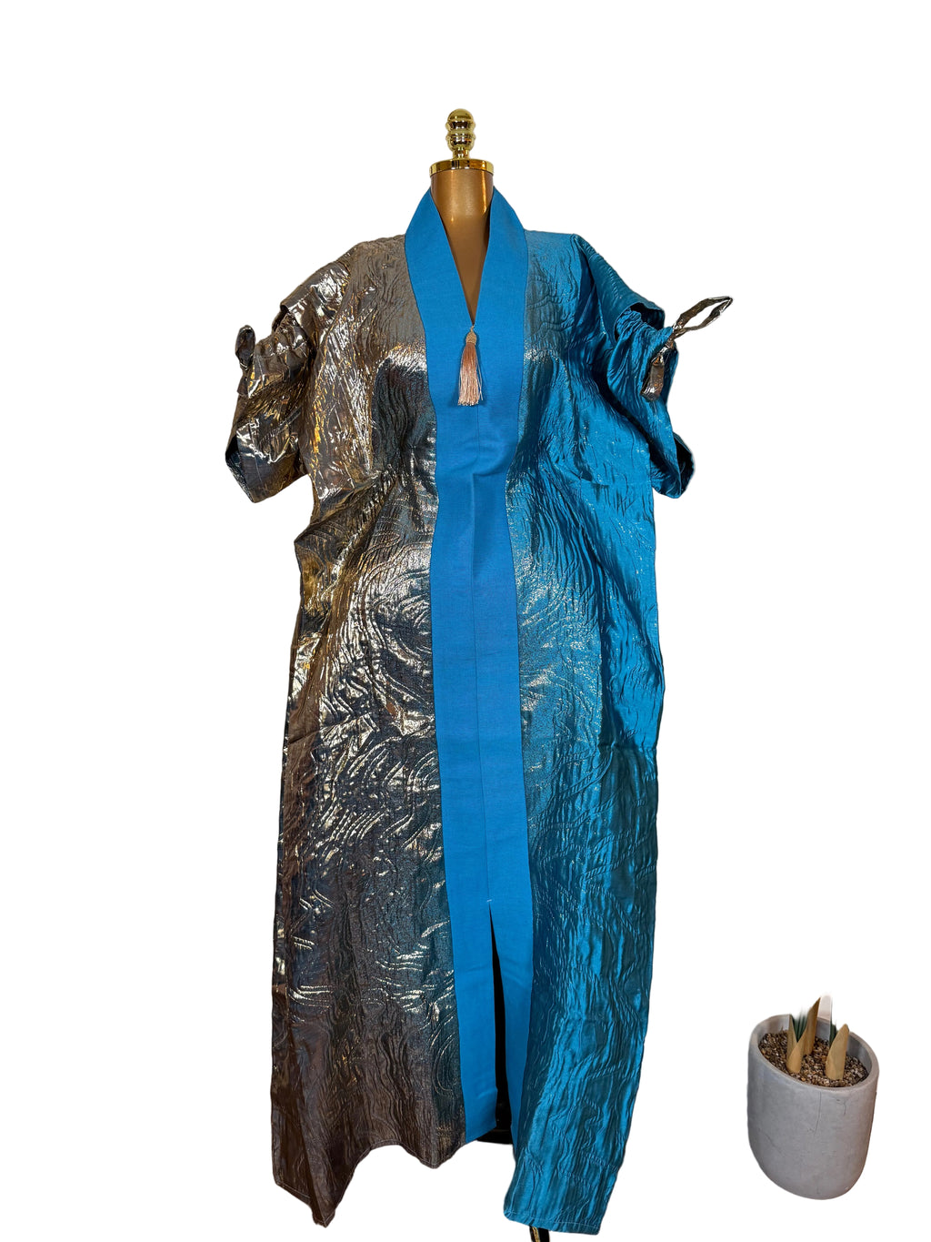 Blue Asoke Brocade Bubu Set 62” Luxury Kaftan with Head Wrap & Inner Belt