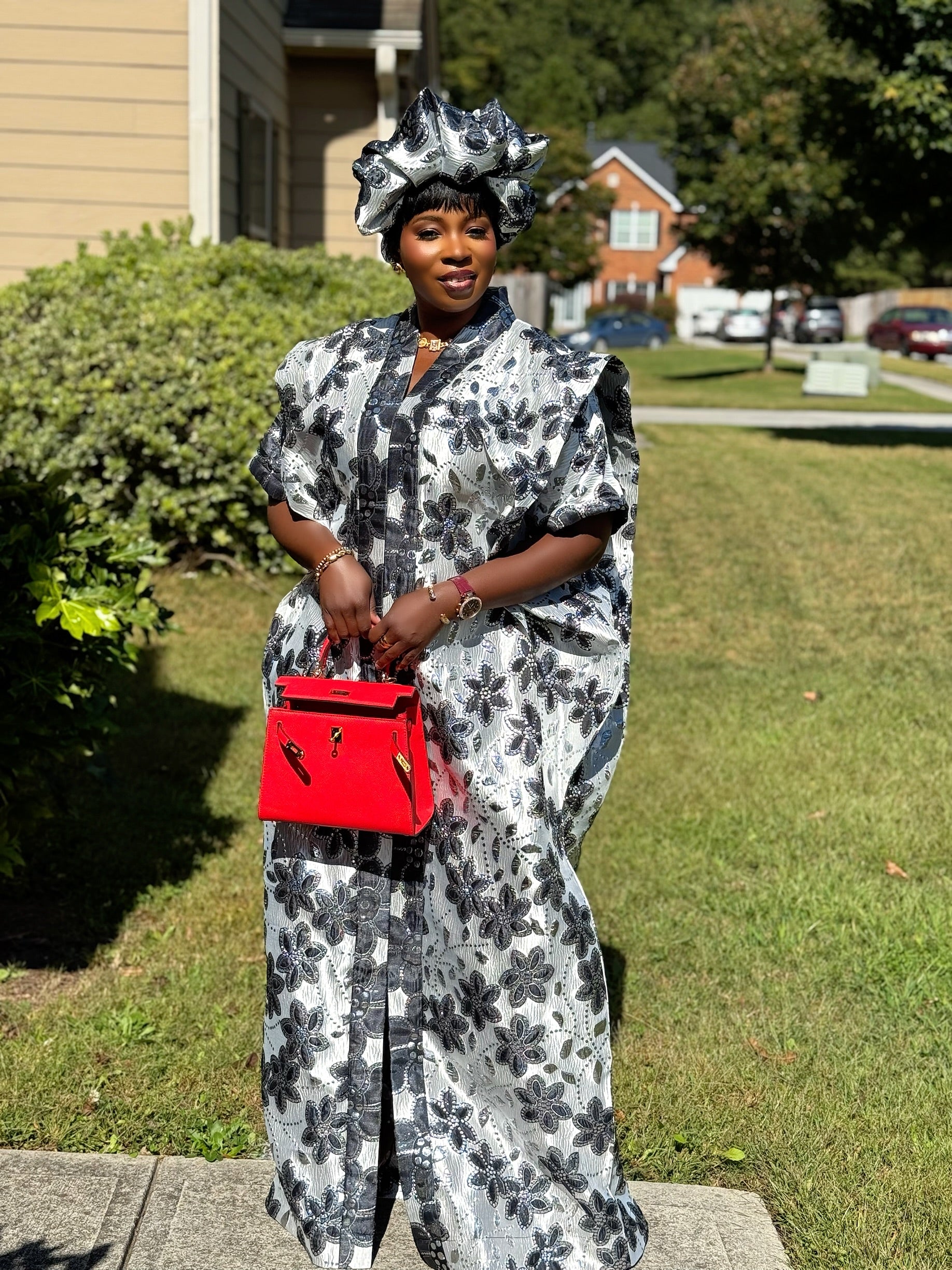 Sakina Brocade 3-Piece Bubu Set with Head Wrap & Scrunchie