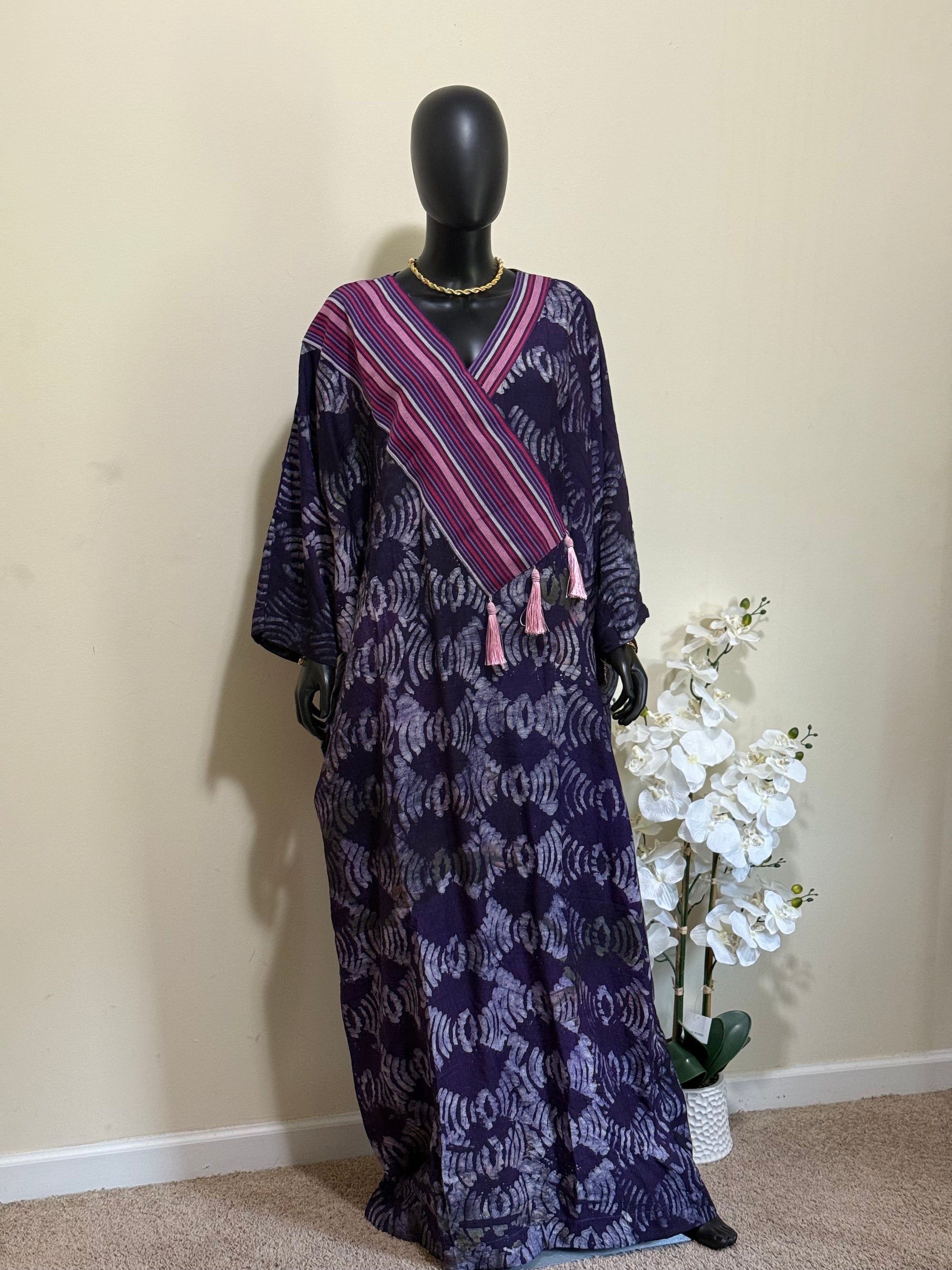 Elegant Cotton Adire Bubu with Asoke Neckline Design – 62” with Scarf