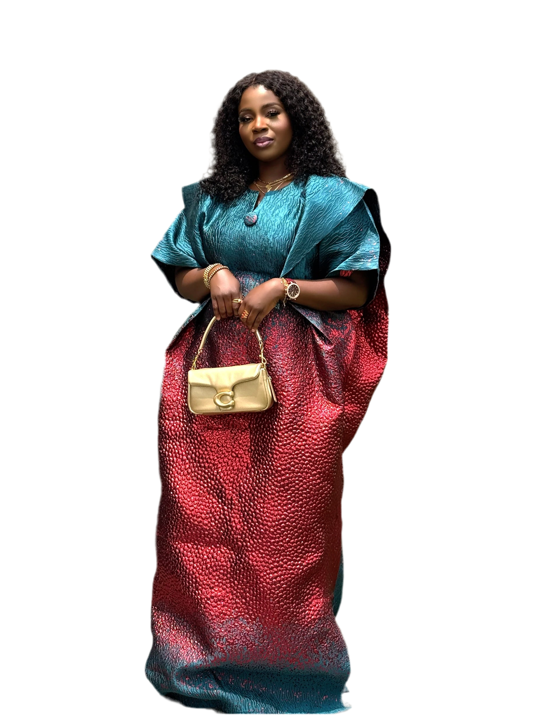 RAKIA Regal Pleated Brocade Bubu with Headscarf – Teal & Crimson Elegance