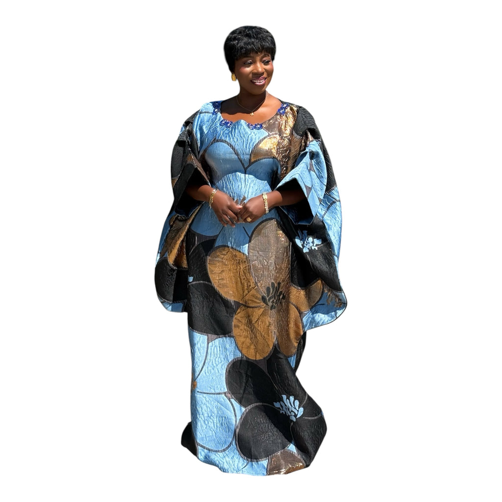 Luxury Off-Shoulder Brocade Boubou Dress with Embellished Neckline – One Size, Full Length 62