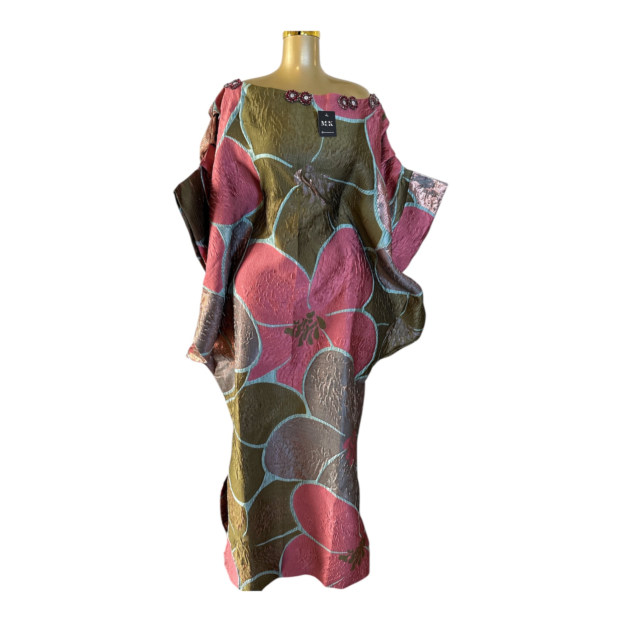 Luxury Off-Shoulder Brocade Boubou Dress with Embellished Neckline – One Size, Full Length 62