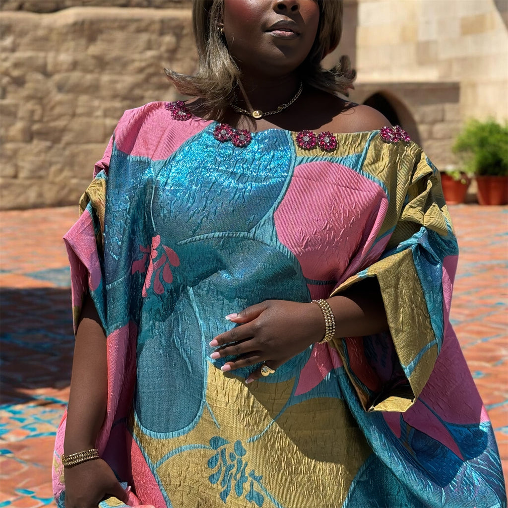 Luxury Off-Shoulder Brocade Boubou Dress with Embellished Neckline – One Size, Full Length 62