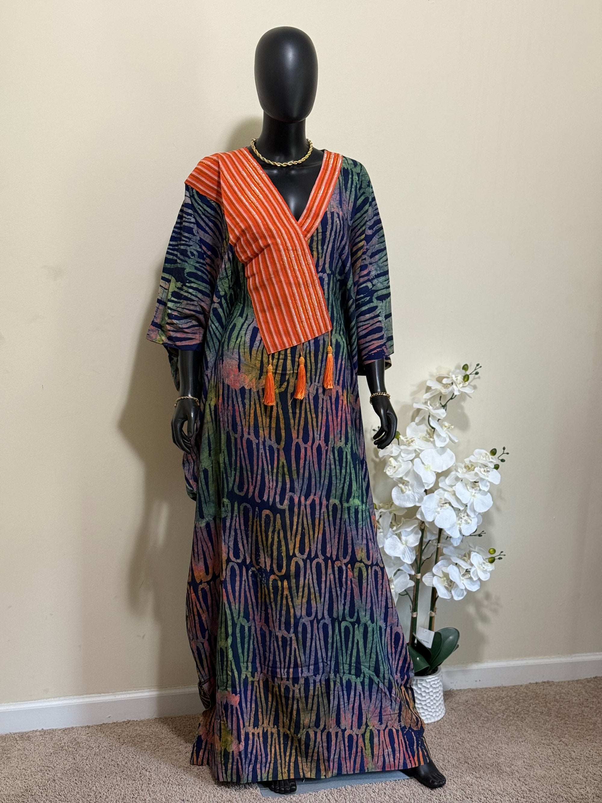 Elegant Cotton Adire Bubu with Asoke Neckline Design – 62” with Scarf