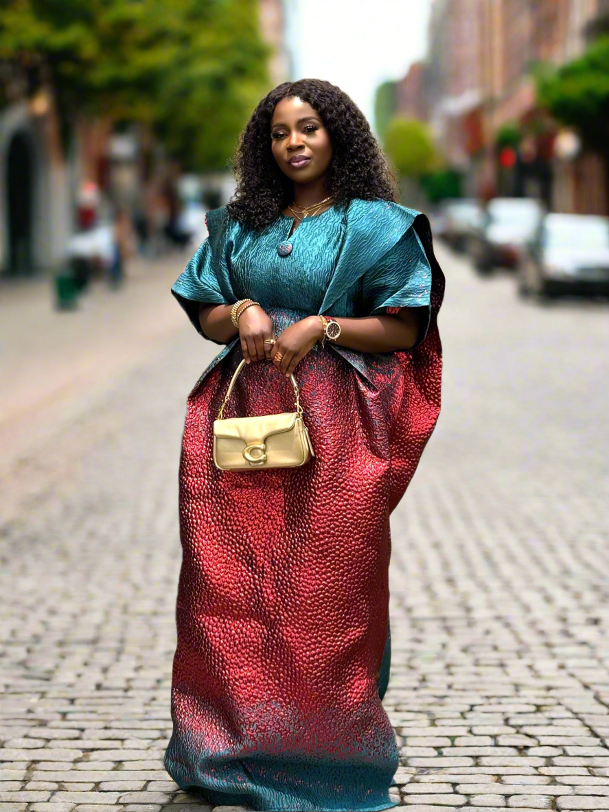 RAKIA Regal Pleated Brocade Bubu with Headscarf – Teal & Crimson Elegance