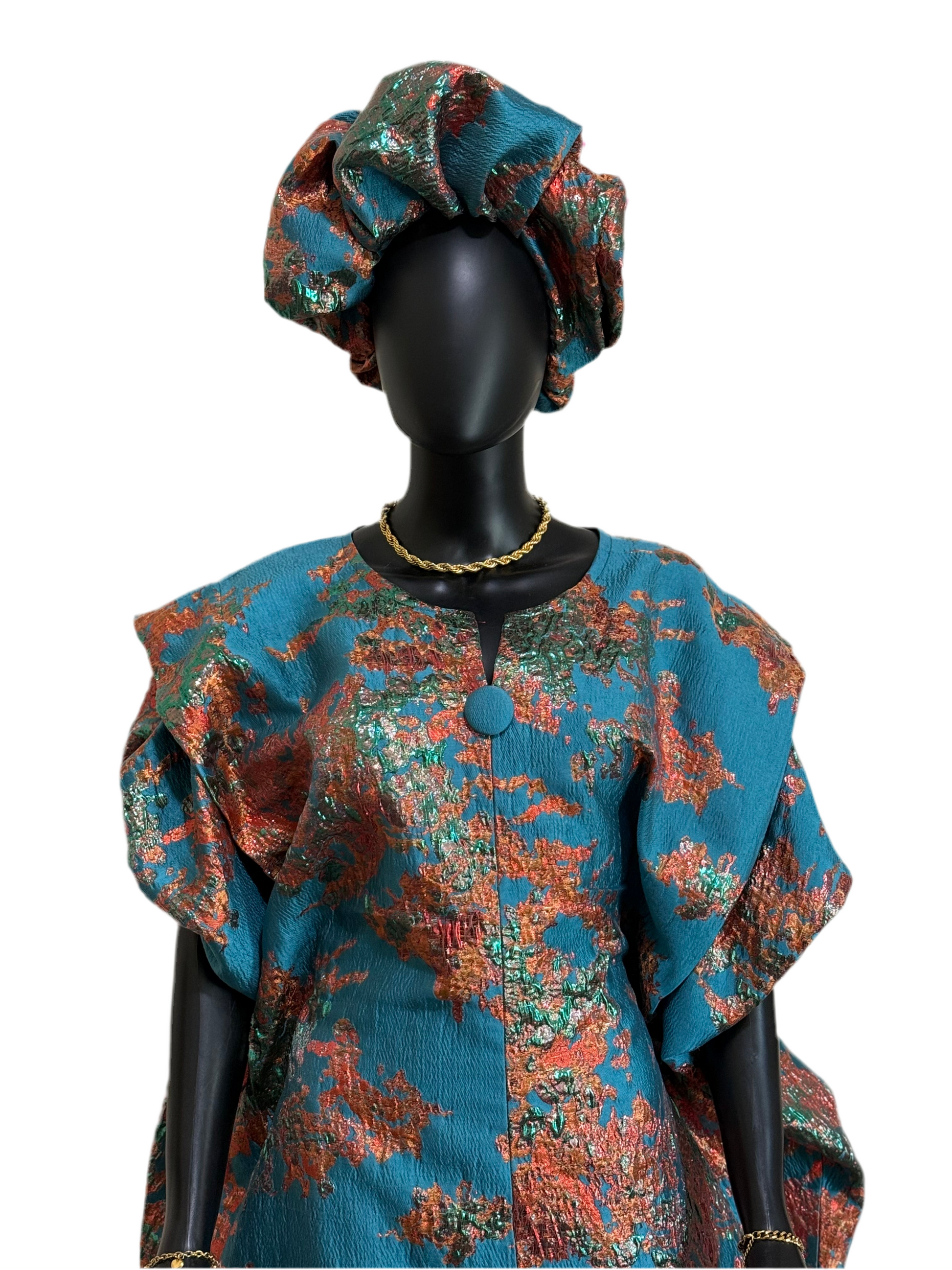 FATIA Elegant Teal & Copper Brocade Bubu Set – 3-Piece Ensemble