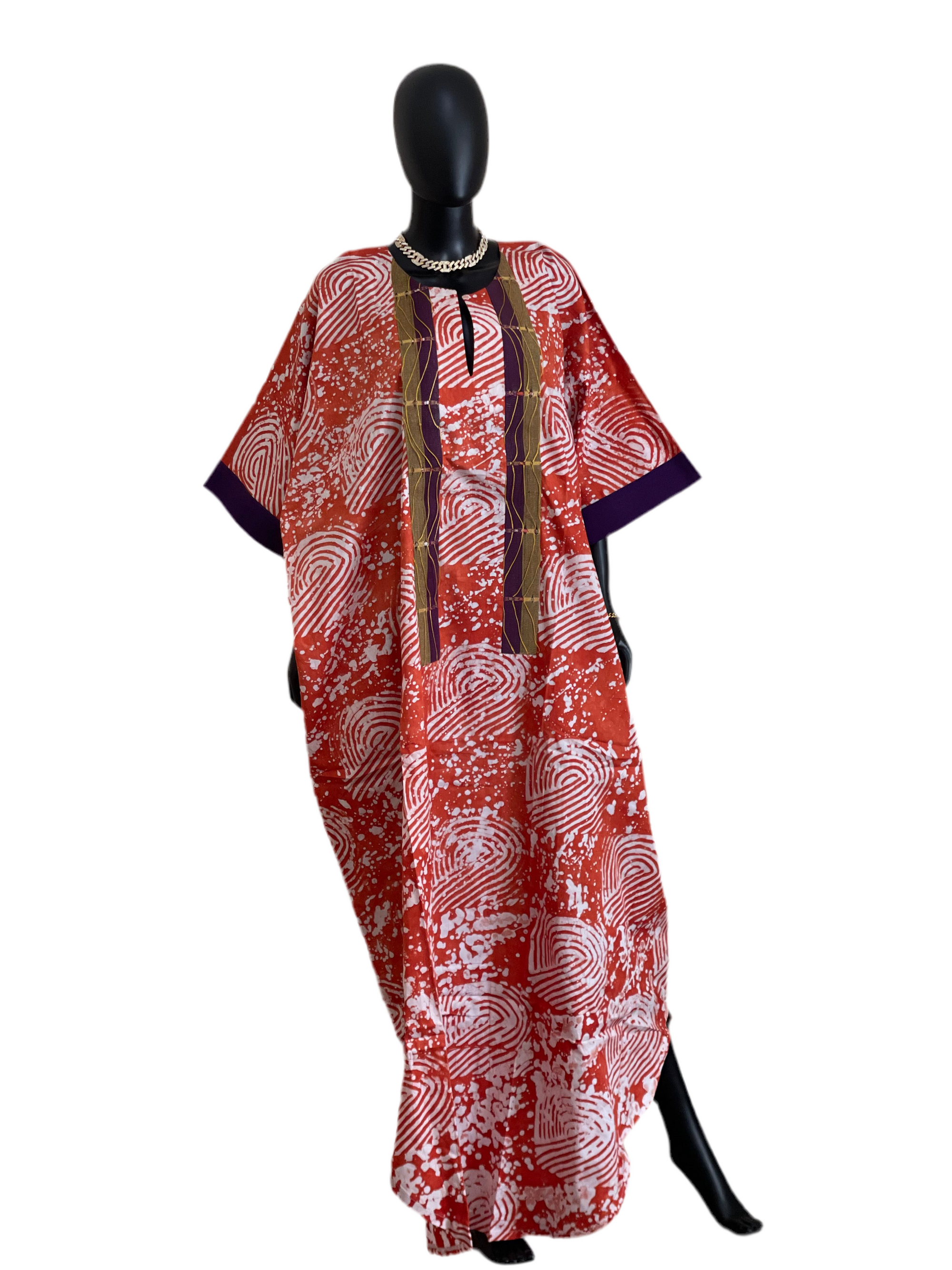 Elegant Cotton Adire & Aso Oke Bubu Dress with Head Wrap – 65” Length & Pockets