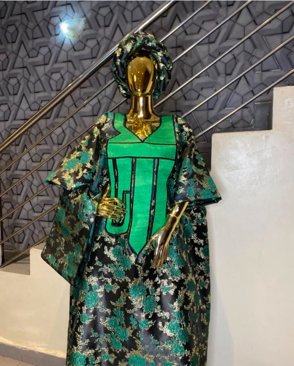 Luxury Embroidered Brocade Bubu Dress – 3-Piece African Kaftan with Head Wrap & Braided Hair Band, 62” Long
