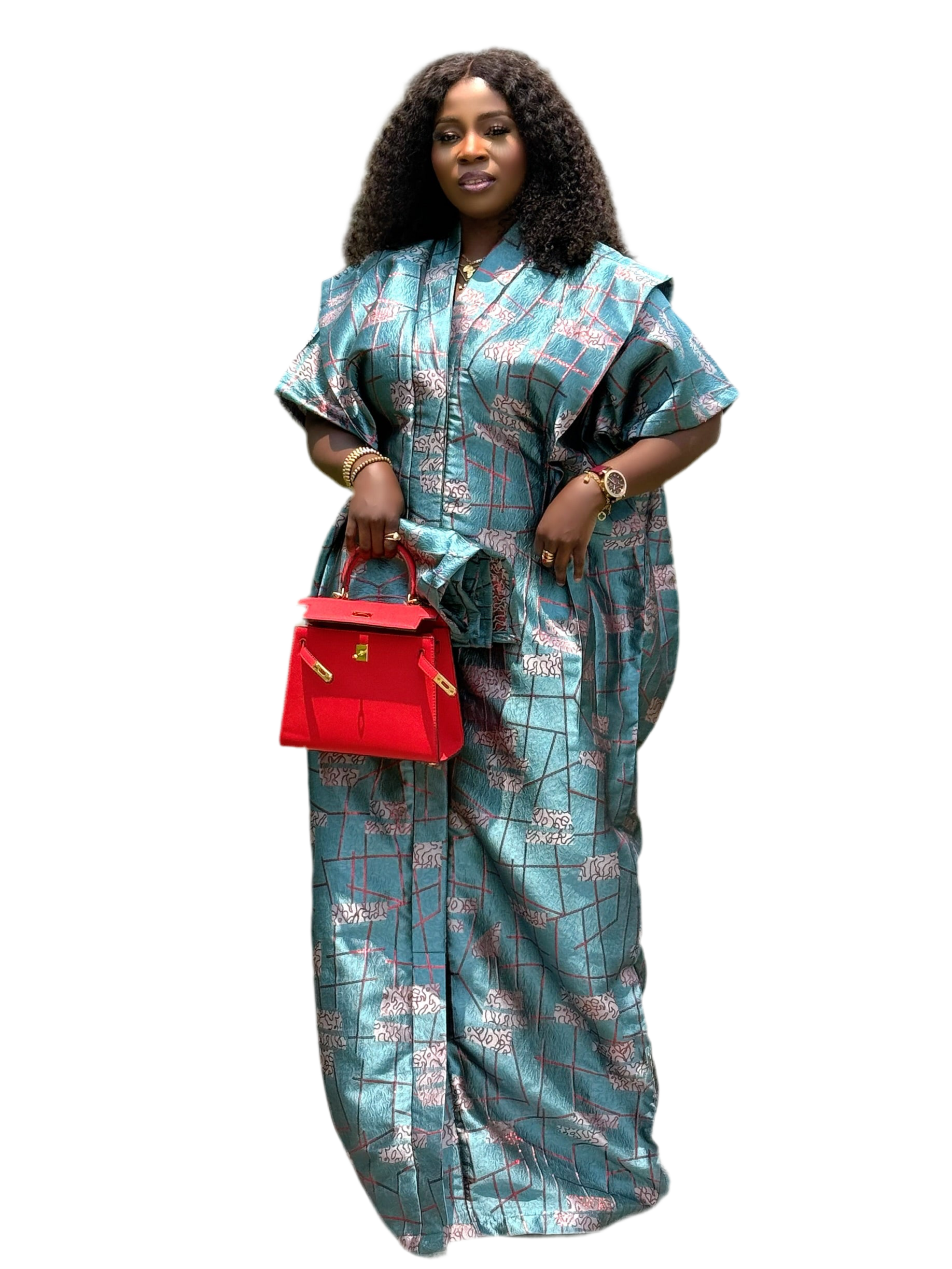 SOPHIA Elegant Teal & Rose Bubu Set with Head Wrap