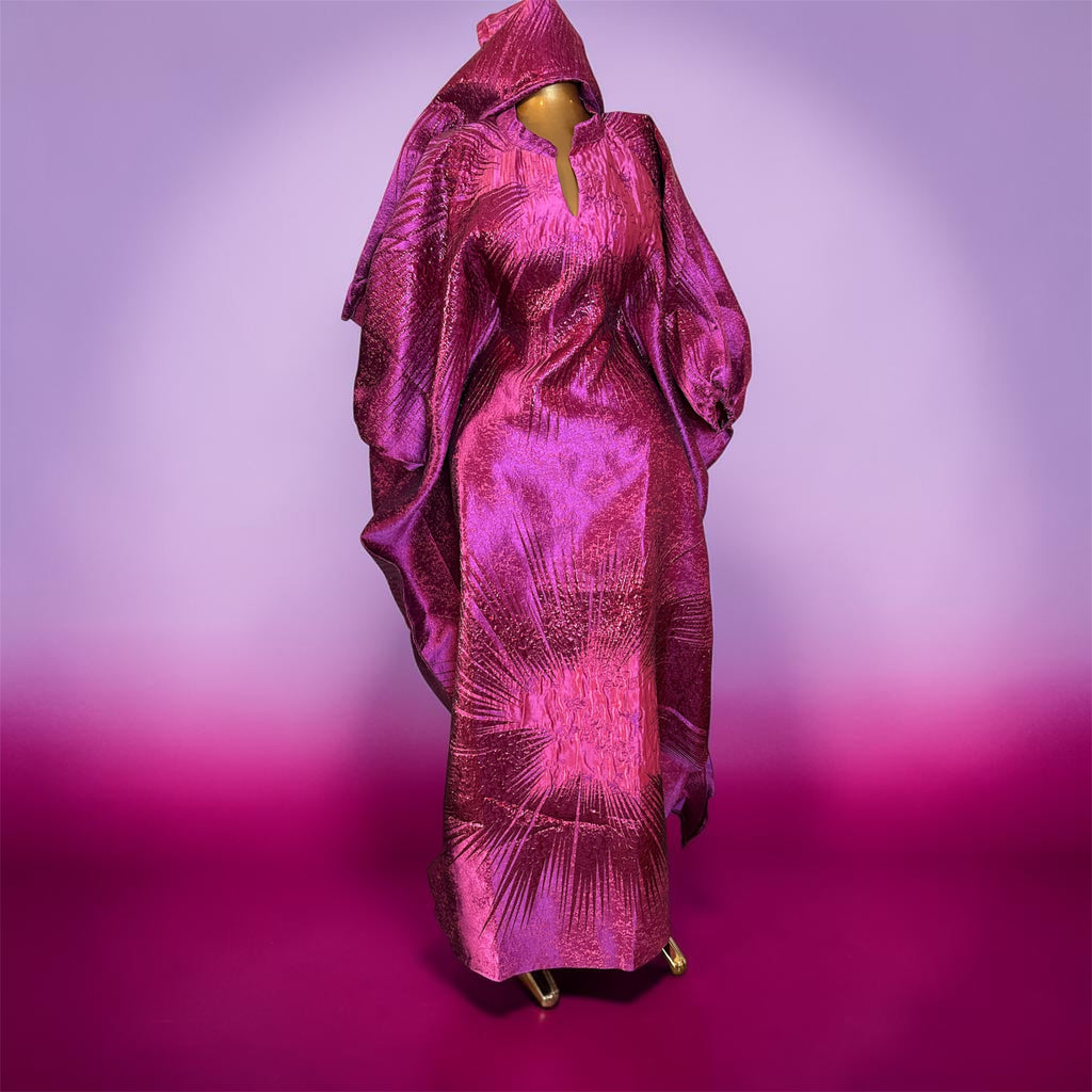 Regal Bloom Brocade Bubu Set 62” Luxury Kaftan with Head Wrap & Inner Belt