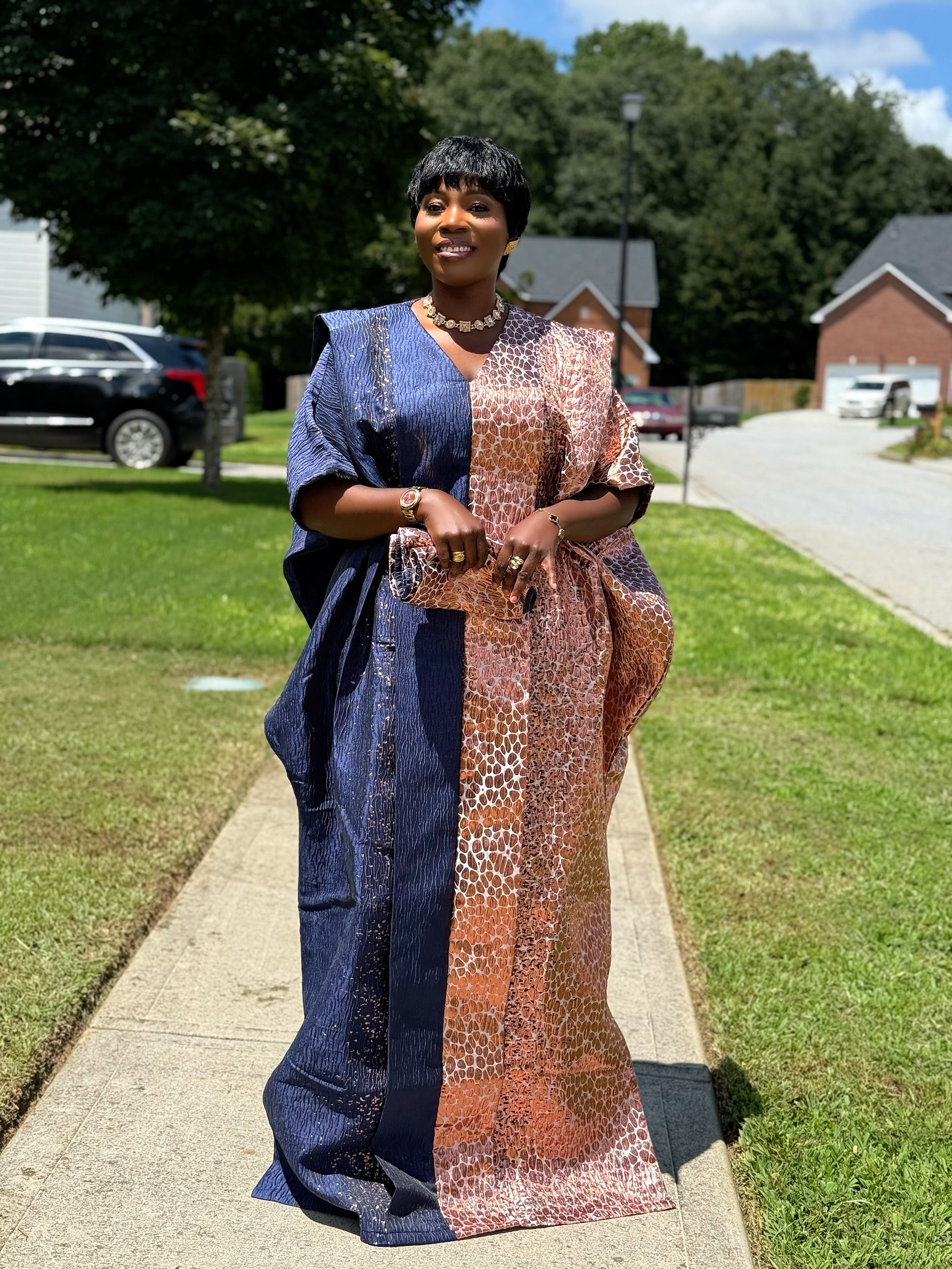 Ombre Brocade Bubu Dress | 62” Long African Kaftan with Inner Belt, Head Scarf,  & Side Slits