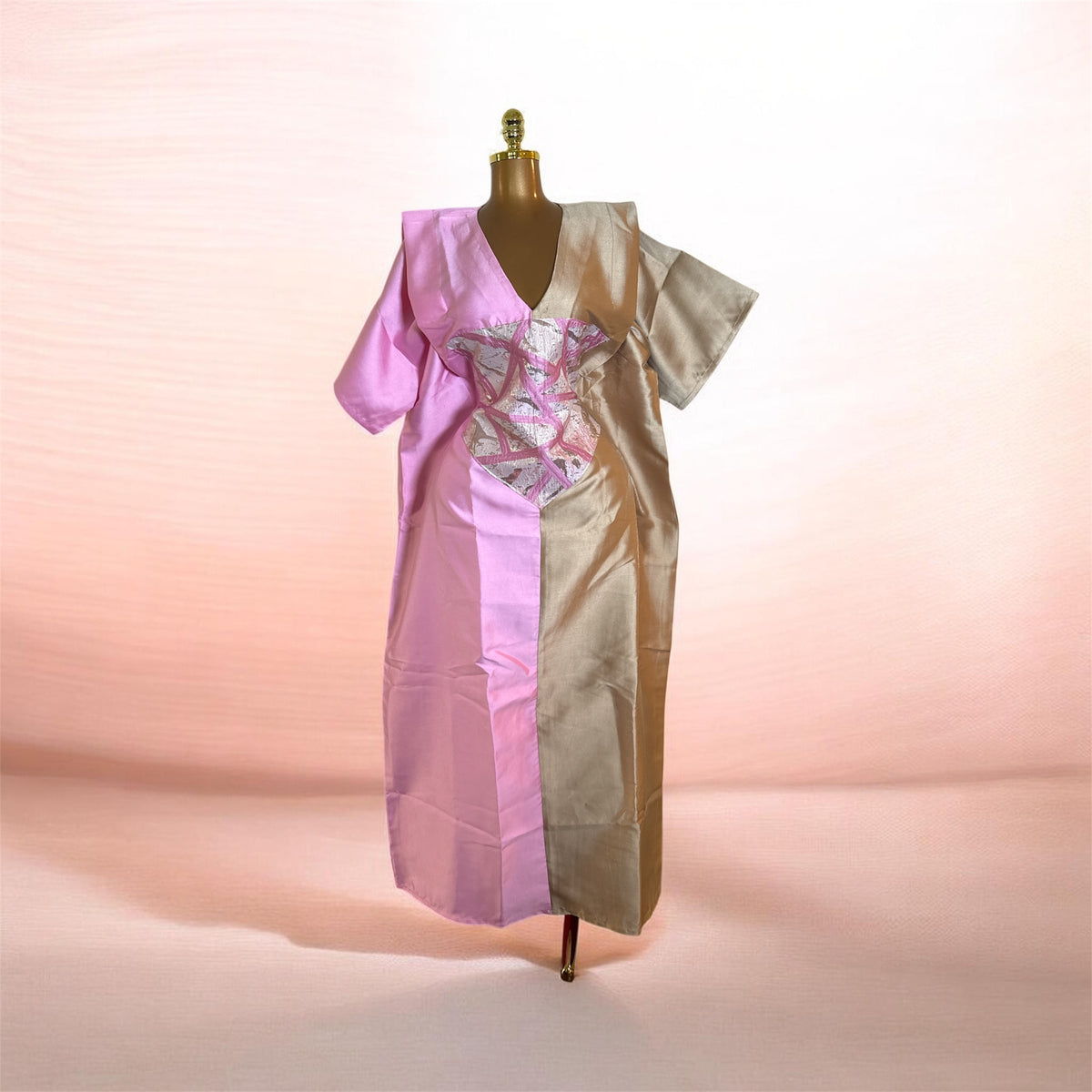 Red & Pink Mikado Bubu Dress with Head Wrap & Inner Belt