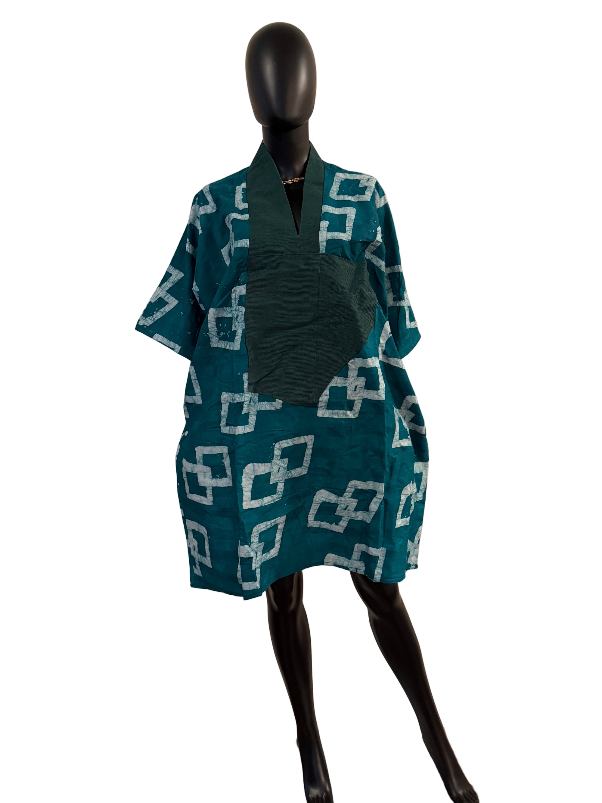 Chic Short Bubu Adire Dress with Aso Oke Detail – One Size, 100% Cotton