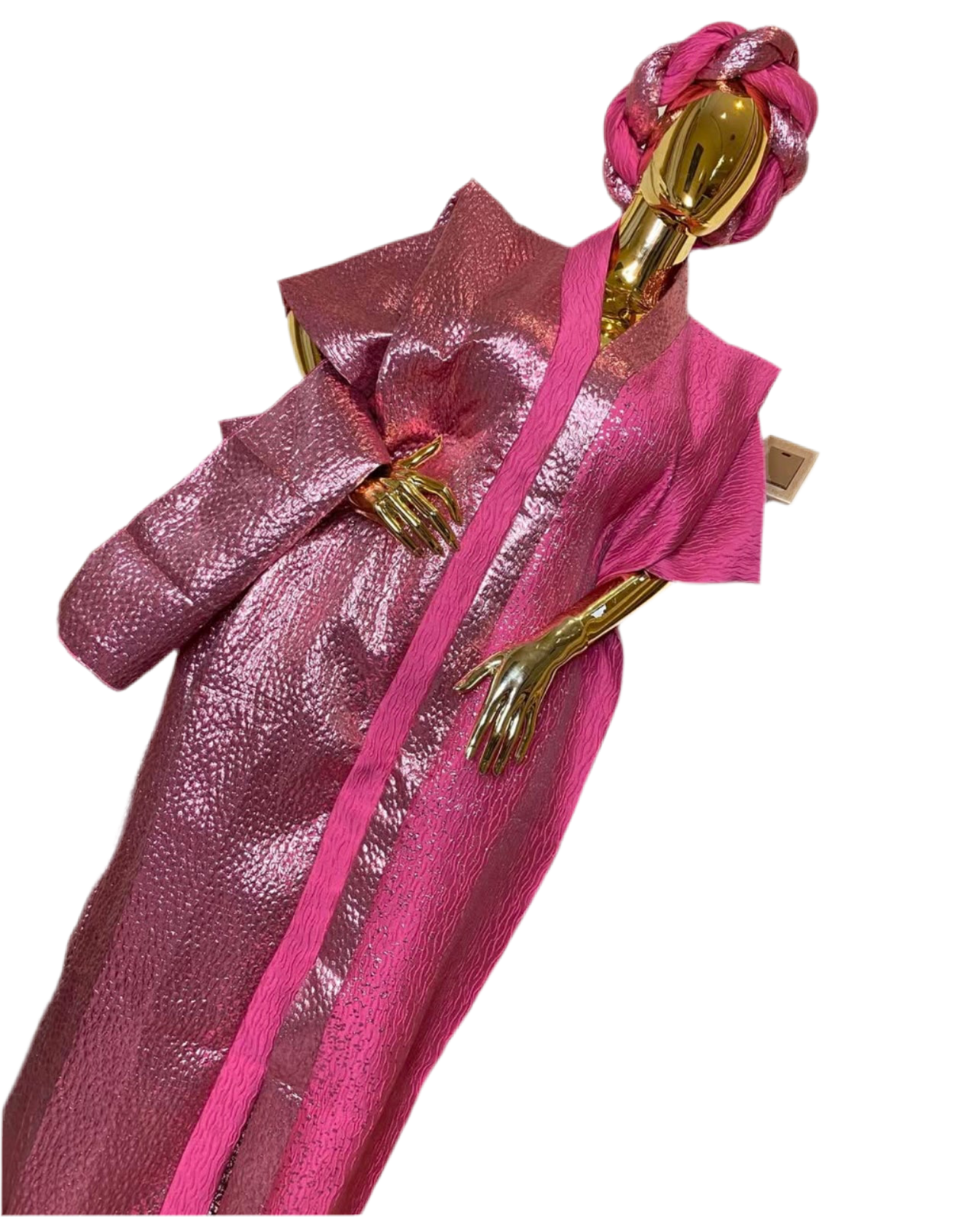Luxury Pink Brocade Bubu Dress – 3-Piece African Kaftan with Head Wrap & Braided Hair Band, 62” Long, Inner Belt