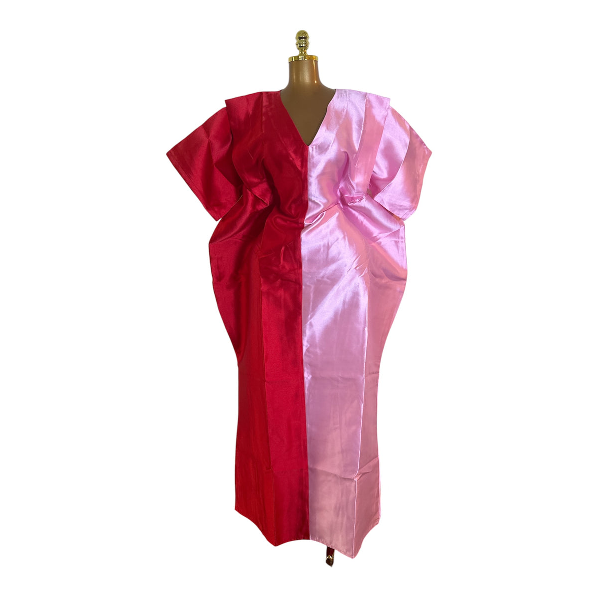 Red & Pink Mikado Bubu Dress with Head Wrap & Inner Belt
