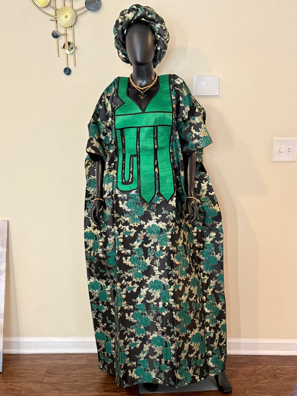 Luxury Embroidered Brocade Bubu Dress – 3-Piece African Kaftan with Head Wrap & Braided Hair Band, 62” Long